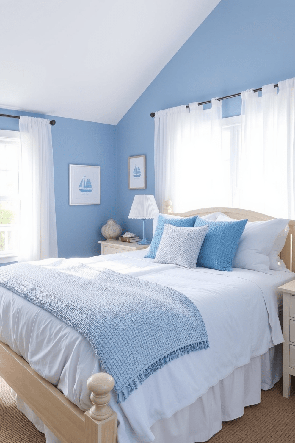 A coastal inspired blue and white bedroom features soft blue walls that evoke the serenity of the ocean. The bedding is a mix of crisp white linens and textured blue throw pillows, creating a fresh and inviting atmosphere. Natural light floods the room through sheer white curtains, enhancing the airy feel. A wooden bed frame in a light finish complements the beachy theme, while nautical-themed artwork adorns the walls.