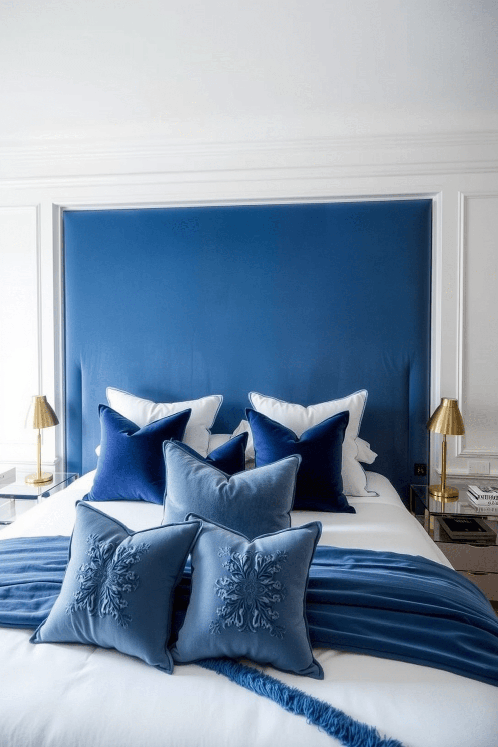 A luxurious blue bedroom featuring a sapphire blue velvet headboard as the centerpiece. The walls are painted in a soft white tone, creating a bright and airy atmosphere. Elegant bedding in shades of blue and white complements the headboard, while plush throw pillows add texture. A stylish bedside table on each side holds modern lamps with gold accents, enhancing the room's sophistication.