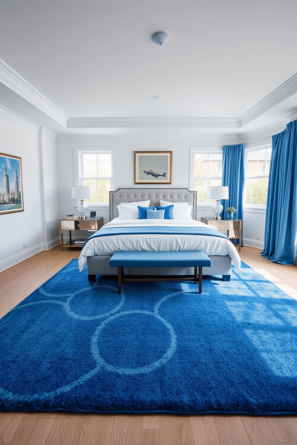 A serene blue bedroom featuring a cerulean blue area rug that adds comfort and warmth to the space. The walls are painted in a soft white, complementing the rich blue tones of the decor and furnishings. A plush bed with crisp white linens is centered in the room, flanked by elegant nightstands with stylish lamps. Large windows allow natural light to flood in, enhancing the tranquil atmosphere of the blue-themed bedroom.