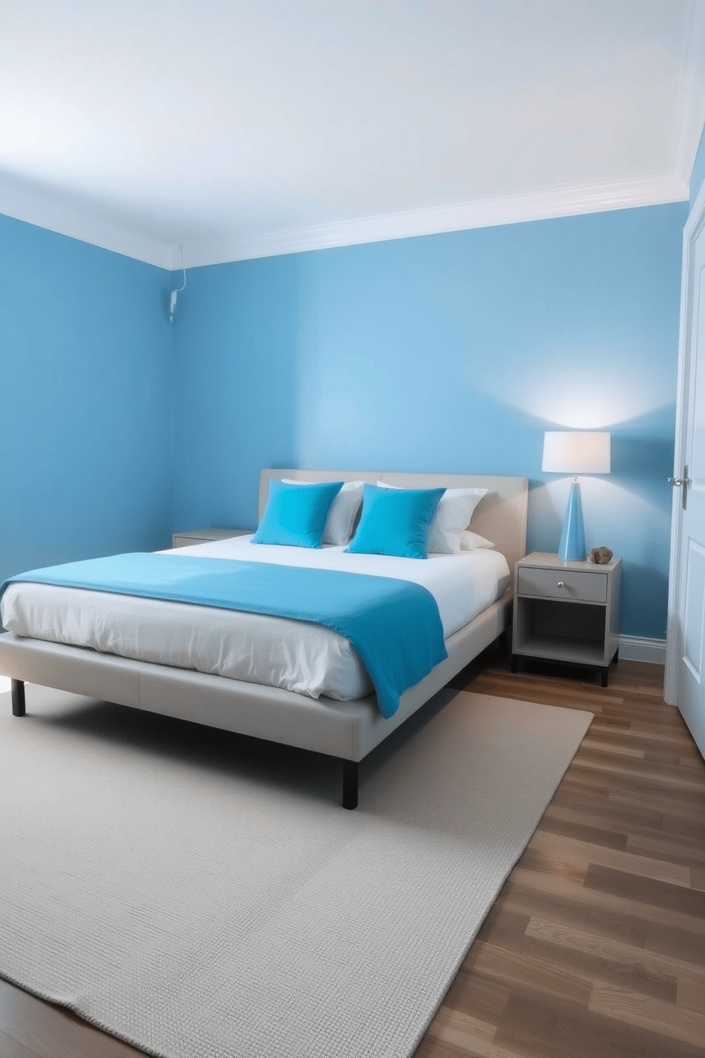 A serene blue bedroom featuring aquamarine accents. The walls are painted in a soft blue hue with minimalist furniture, including a low-profile bed and a sleek nightstand. Aquamarine throw pillows adorn the bed, adding a pop of color. A simple area rug in a neutral tone lies beneath the bed, complementing the overall minimalist aesthetic.