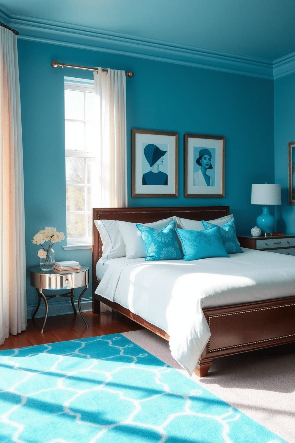 A serene blue bedroom featuring soft blue walls and a plush white bedspread. Turquoise accessories such as decorative pillows and a vibrant area rug add a lively contrast to the calming atmosphere. The room includes a stylish bedside table with a turquoise lamp and framed artwork that incorporates shades of blue and turquoise. Natural light floods in through sheer curtains, enhancing the inviting and tranquil feel of the space.