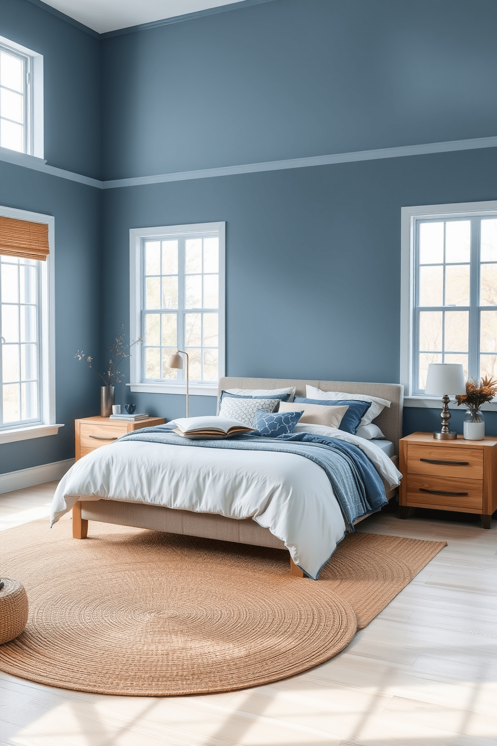 A serene blue bedroom with muted tones that create a calming atmosphere. The walls are painted in a soft blue shade, complemented by natural wood accents in the furniture. A plush bed is dressed in layered bedding featuring varying shades of blue and white. Large windows allow natural light to filter in, highlighting the textures of a woven rug and wooden nightstands.