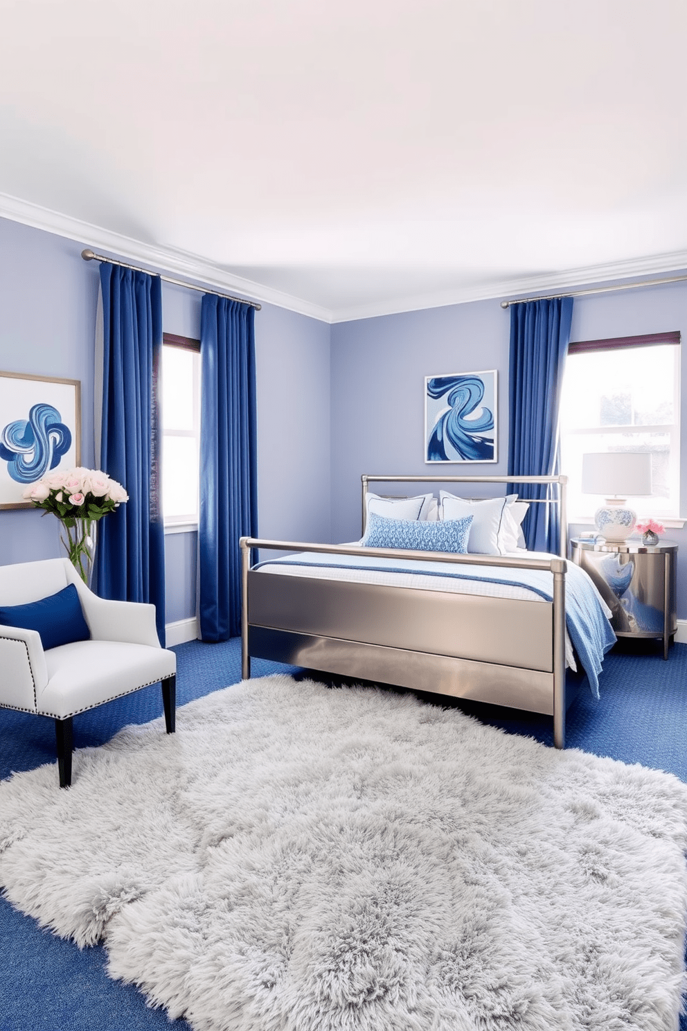 Chic blue and silver decor elements create a serene and stylish atmosphere in the bedroom. The walls are painted a soft blue, complemented by silver accents in the form of a sleek bed frame and decorative pillows. A plush silver rug anchors the space, while blue curtains frame the windows, allowing natural light to filter in gently. Art pieces featuring abstract designs in shades of blue and silver adorn the walls, adding a touch of elegance to the overall design.