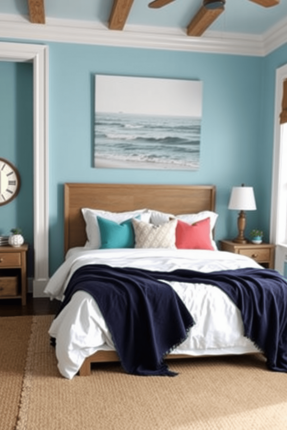 A serene blue bedroom adorned with ocean-themed decor. The walls are painted in a soft seafoam blue, complemented by white trim and natural wood accents. A large canvas featuring a tranquil seascape hangs above the bed, which is dressed in crisp white linens and a navy blue throw blanket. Decorative pillows in shades of turquoise and coral add a pop of color, while a woven jute rug anchors the space.