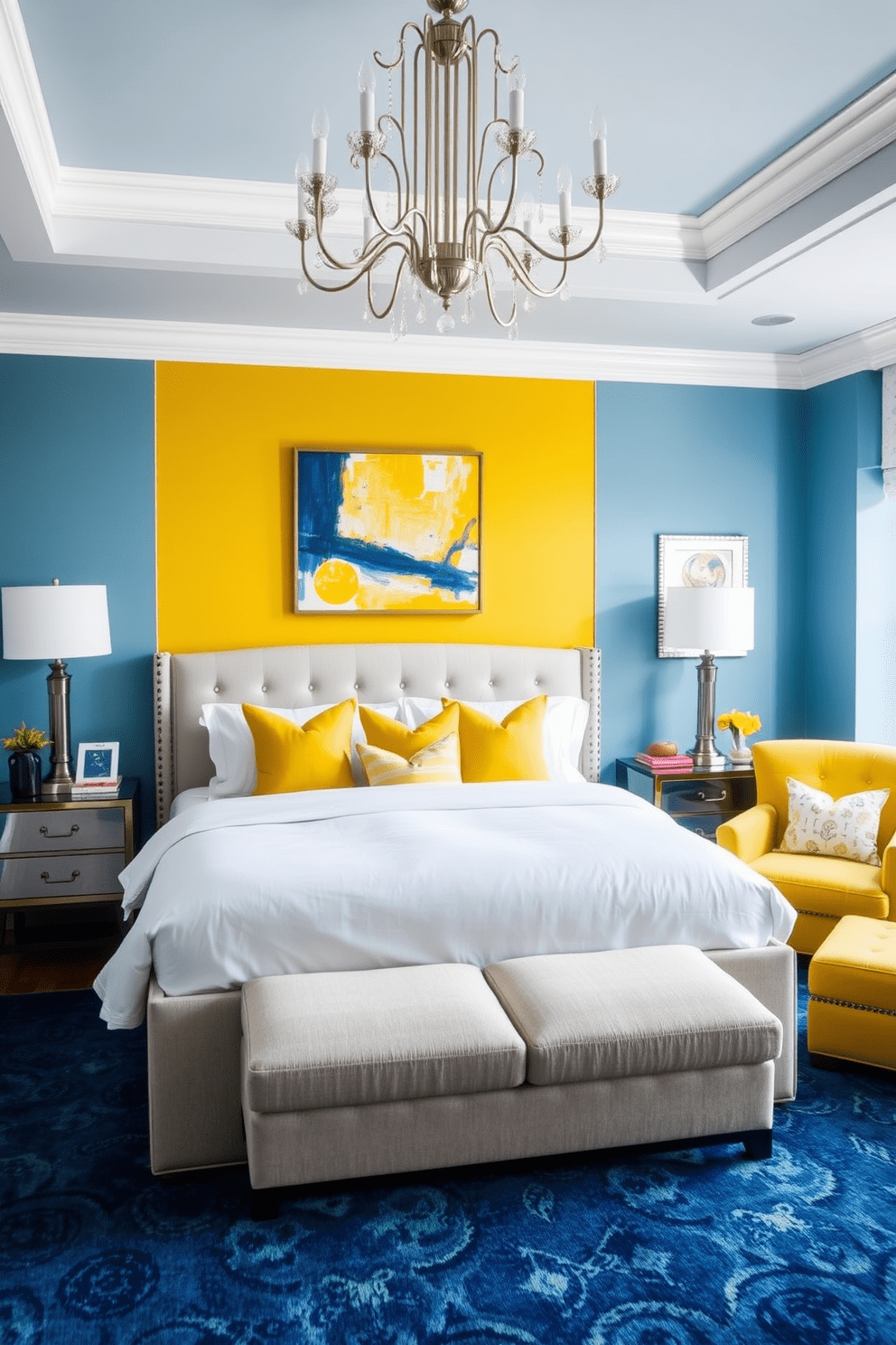 A serene blue bedroom featuring a large upholstered bed with crisp white linens and bright yellow accent pillows. The walls are painted a soft blue, with a vibrant yellow accent wall behind the bed, adorned with abstract artwork. A cozy reading nook is set up in one corner with a plush yellow armchair and a small side table. A blue area rug anchors the space, while a statement chandelier adds a touch of elegance overhead.