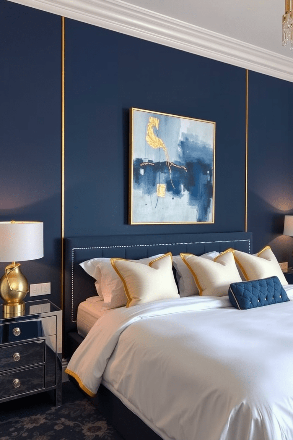 A serene blue bedroom featuring a navy accent wall adorned with elegant gold accents. The room includes a plush king-sized bed dressed in soft white linens and gold-trimmed pillows, creating a luxurious atmosphere. To the left, a stylish nightstand holds a contemporary lamp with a gold base. A large abstract painting with shades of blue and gold hangs above the bed, enhancing the room's sophisticated aesthetic.