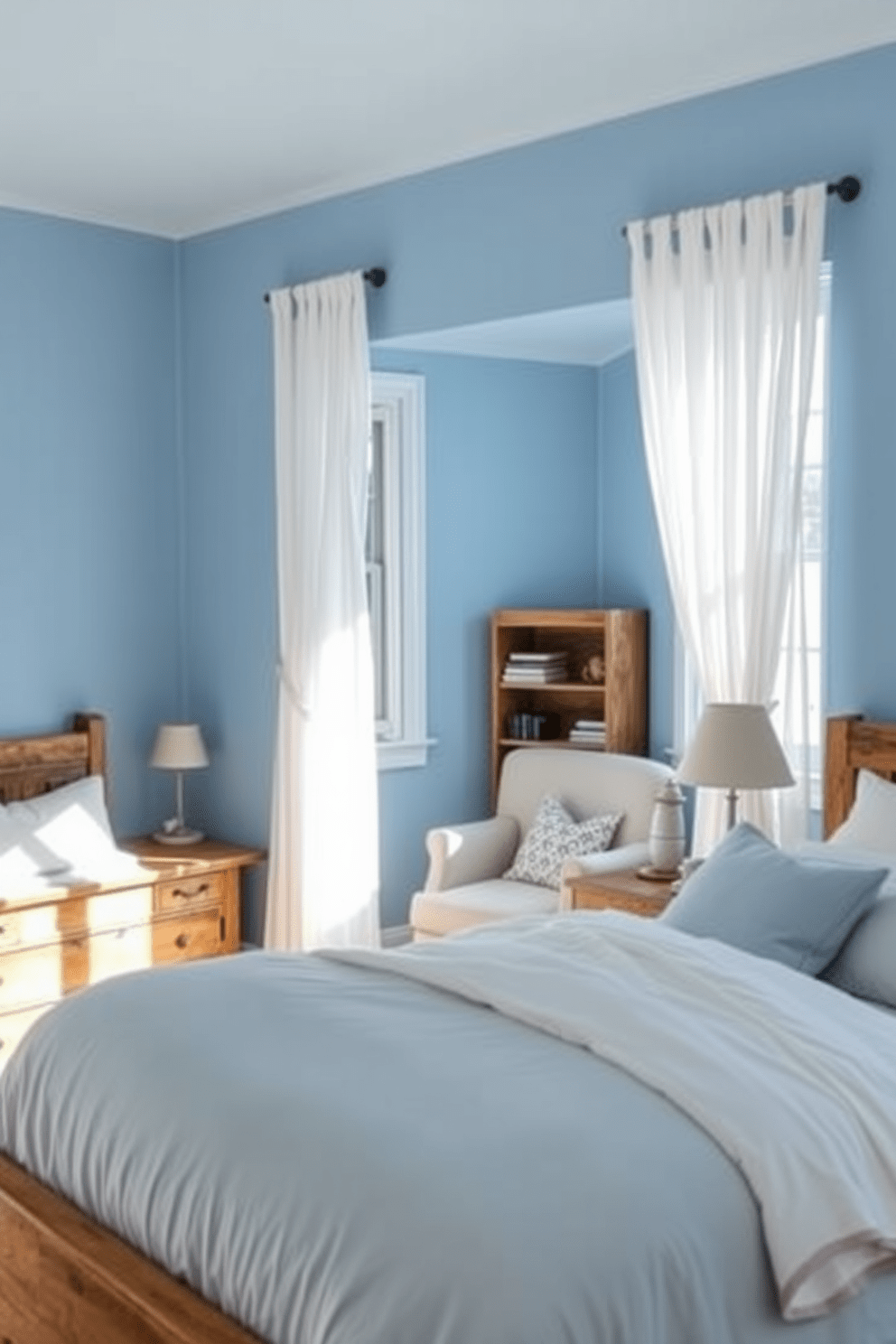 A serene blue bedroom featuring pastel blue walls that evoke a calming atmosphere. The room includes rustic wooden furniture, such as a reclaimed wood bed frame and a matching bedside table. Natural light streams in through sheer white curtains, highlighting a cozy reading nook with a plush armchair and a small wooden bookshelf. Soft linens in complementary shades of blue and white adorn the bed, creating an inviting and tranquil space.