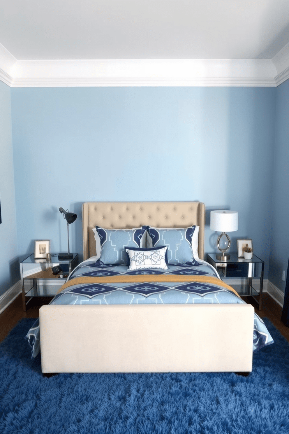 A serene blue bedroom featuring geometric patterns on the bedding that create a modern and stylish look. The walls are painted in a soft light blue, complementing the bedding and enhancing the overall tranquility of the space. A plush area rug in a darker blue hue adds warmth and texture to the room. Stylish bedside tables with sleek lamps flank a comfortable upholstered bed, creating a cozy and inviting atmosphere.