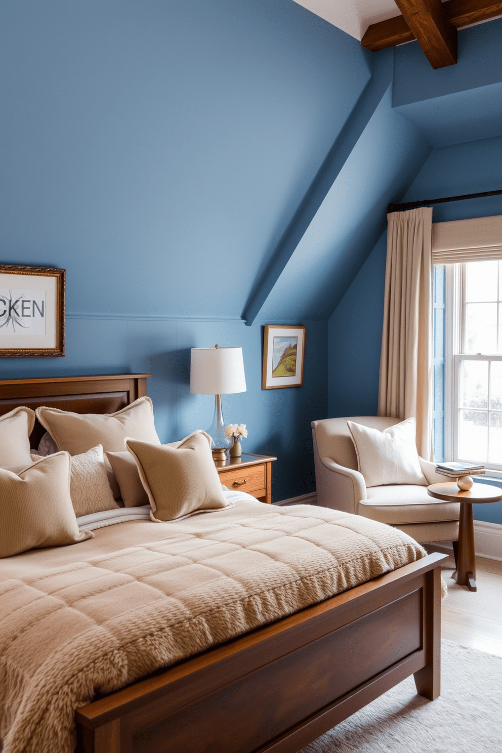 A serene blue bedroom adorned with soft denim blue walls that create a calming atmosphere. The bedding features warm neutrals with plush textures, complemented by wooden accents in the furniture. A cozy reading nook is positioned by the window, featuring a comfortable armchair and a small side table. Decorative pillows in various shades of beige and cream add warmth and comfort to the space.