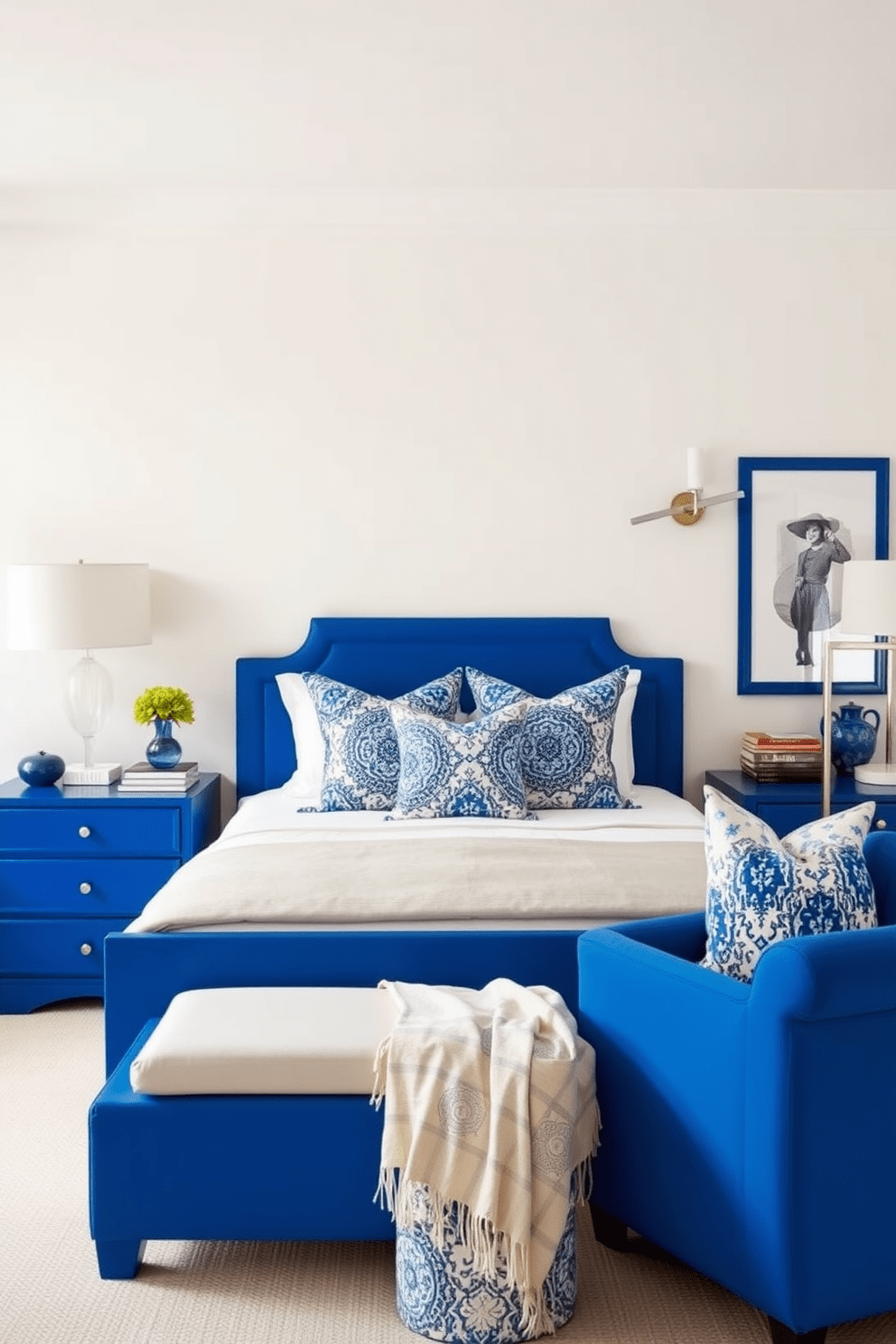 A striking cobalt blue bed takes center stage in the room, complemented by matching nightstands on either side. The walls are painted in a soft white, creating a bright contrast that enhances the boldness of the furniture. A cozy reading nook is created with a cobalt blue armchair and a sleek floor lamp, inviting relaxation. Decorative pillows in varying shades of blue and white add texture and interest to the space.