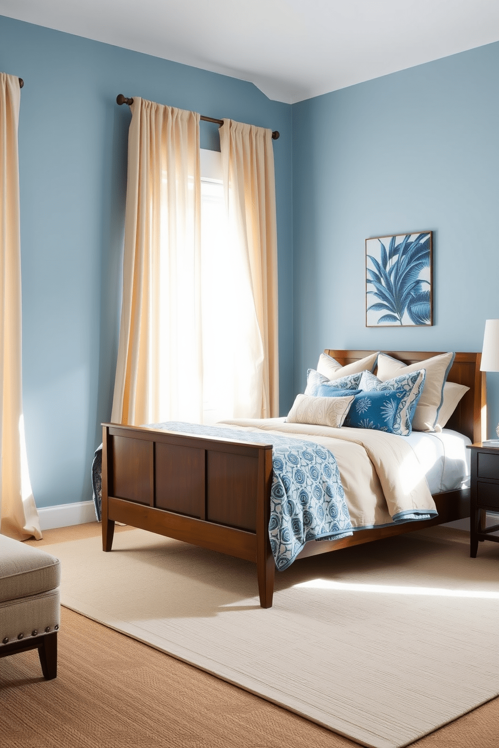 A serene blue bedroom featuring soft beige accents. The walls are painted in a light blue shade, complemented by beige bedding and throw pillows on a plush bed. A stylish wooden bed frame holds a cozy mattress adorned with a blue and beige patterned duvet. Natural light floods the room through sheer beige curtains, enhancing the tranquil atmosphere. A matching beige area rug lies beneath the bed, adding warmth to the space. Decorative blue artwork hangs above the headboard, tying the color scheme together beautifully.