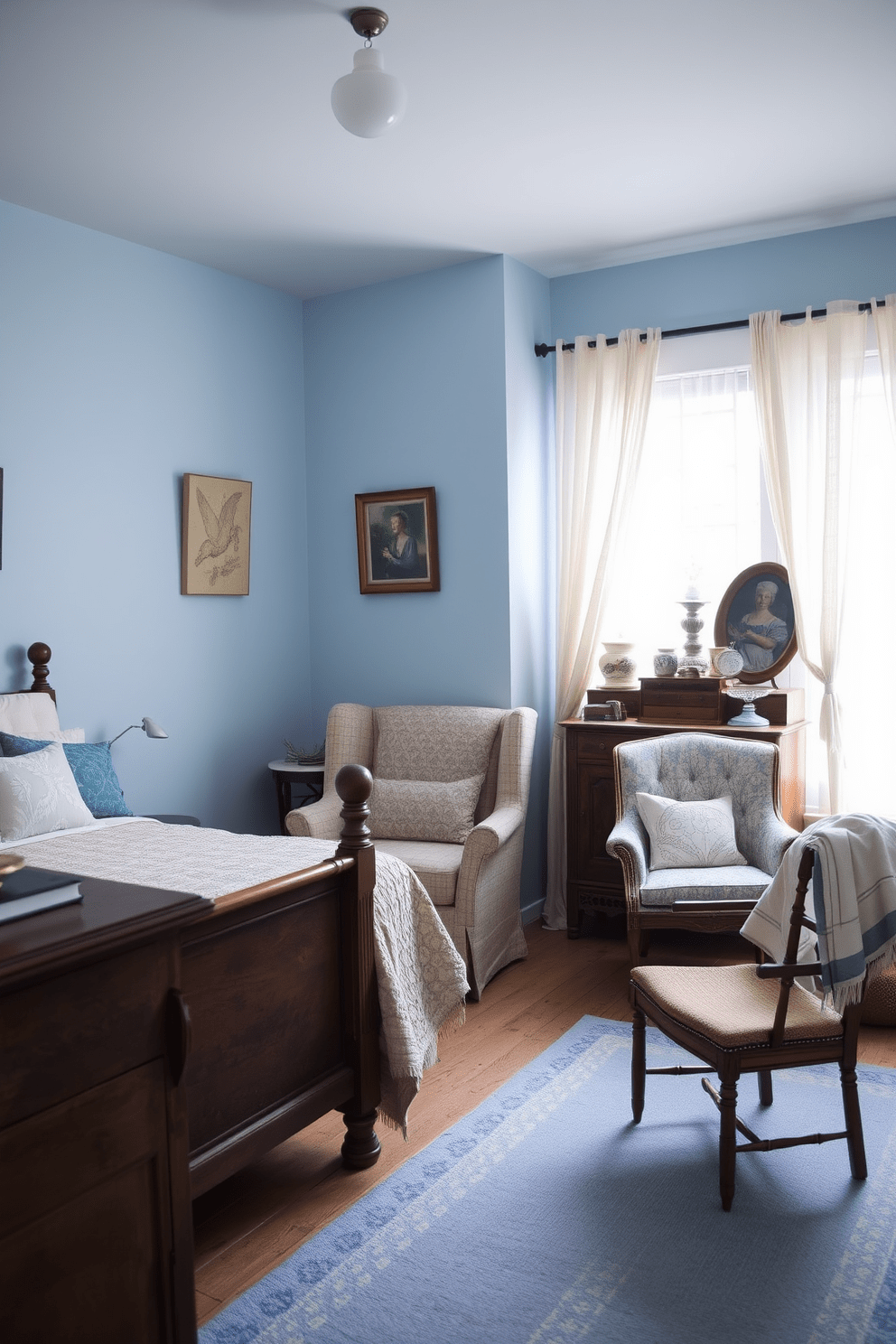 A serene blue bedroom adorned with faded textiles that evoke a sense of vintage charm. The walls are painted in a soft pastel blue, complemented by an antique wooden bed frame draped with a textured quilt and an assortment of patterned throw pillows. A cozy reading nook features a well-worn armchair upholstered in faded fabric, positioned near a window with sheer curtains that gently filter the light. A rustic wooden dresser holds an array of vintage trinkets, adding character to the space while a delicate blue rug ties the room together.