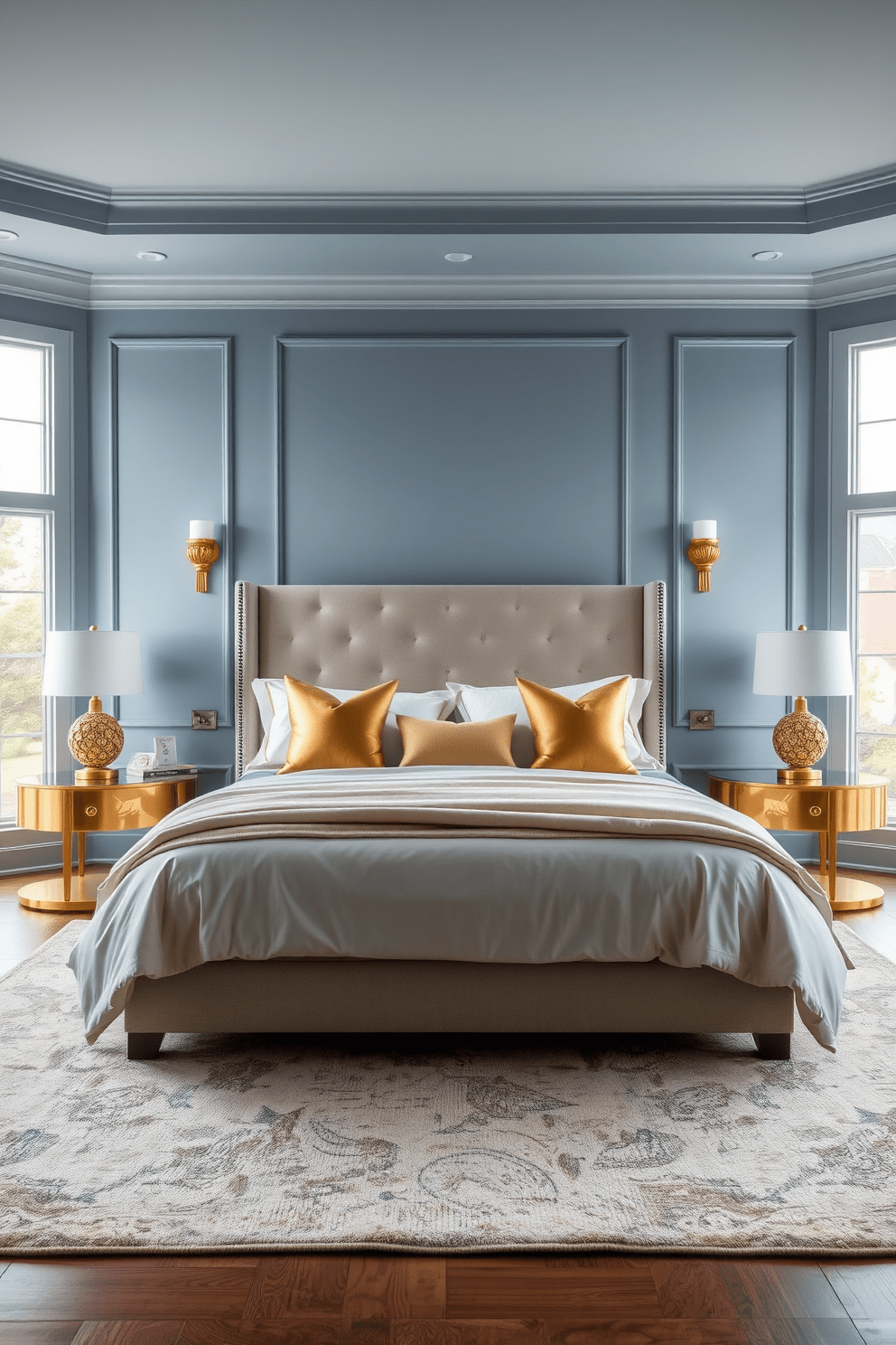 A serene bedroom setting featuring dusty blue walls adorned with elegant gold accents. The centerpiece is a plush king-sized bed with a tufted headboard, draped in luxurious bedding complemented by gold throw pillows. On either side of the bed, stylish nightstands hold decorative lamps with gold bases. A soft area rug in a neutral tone lies beneath the bed, adding warmth to the space, while large windows allow natural light to fill the room.