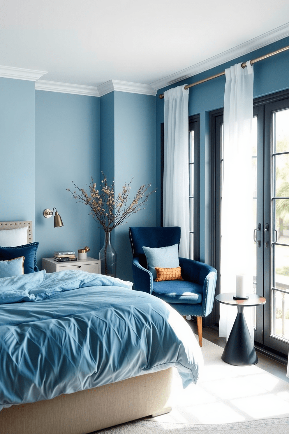 A serene blue bedroom setting that promotes a calming atmosphere. The walls are painted in a soft sky blue, and the bedding features various shades of blue with plush textures. A cozy reading nook is positioned by a large window, adorned with sheer white curtains that gently filter the light. A stylish armchair in a deep navy complements the color palette, and a small side table holds a stack of books and a calming candle.