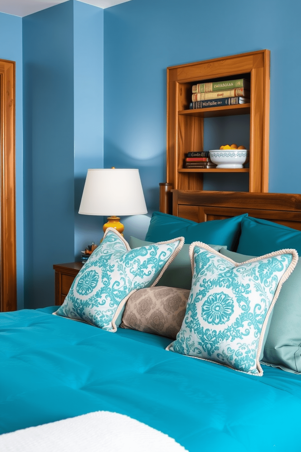 A calming blue bedroom featuring teal bedding adorned with intricate patterned throw pillows that add a touch of elegance. The walls are painted in a soft blue hue, complementing the cozy atmosphere created by warm wooden accents throughout the space.