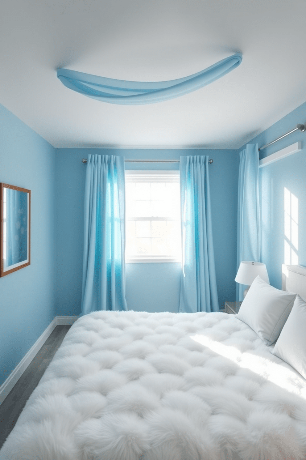 A serene blue bedroom filled with natural light. The walls are painted in a soft sky blue, creating a calming atmosphere. Sky blue curtains drape elegantly from the ceiling, allowing gentle sunlight to filter through. A plush white bedspread contrasts beautifully with the blue tones, enhancing the room's tranquil vibe.