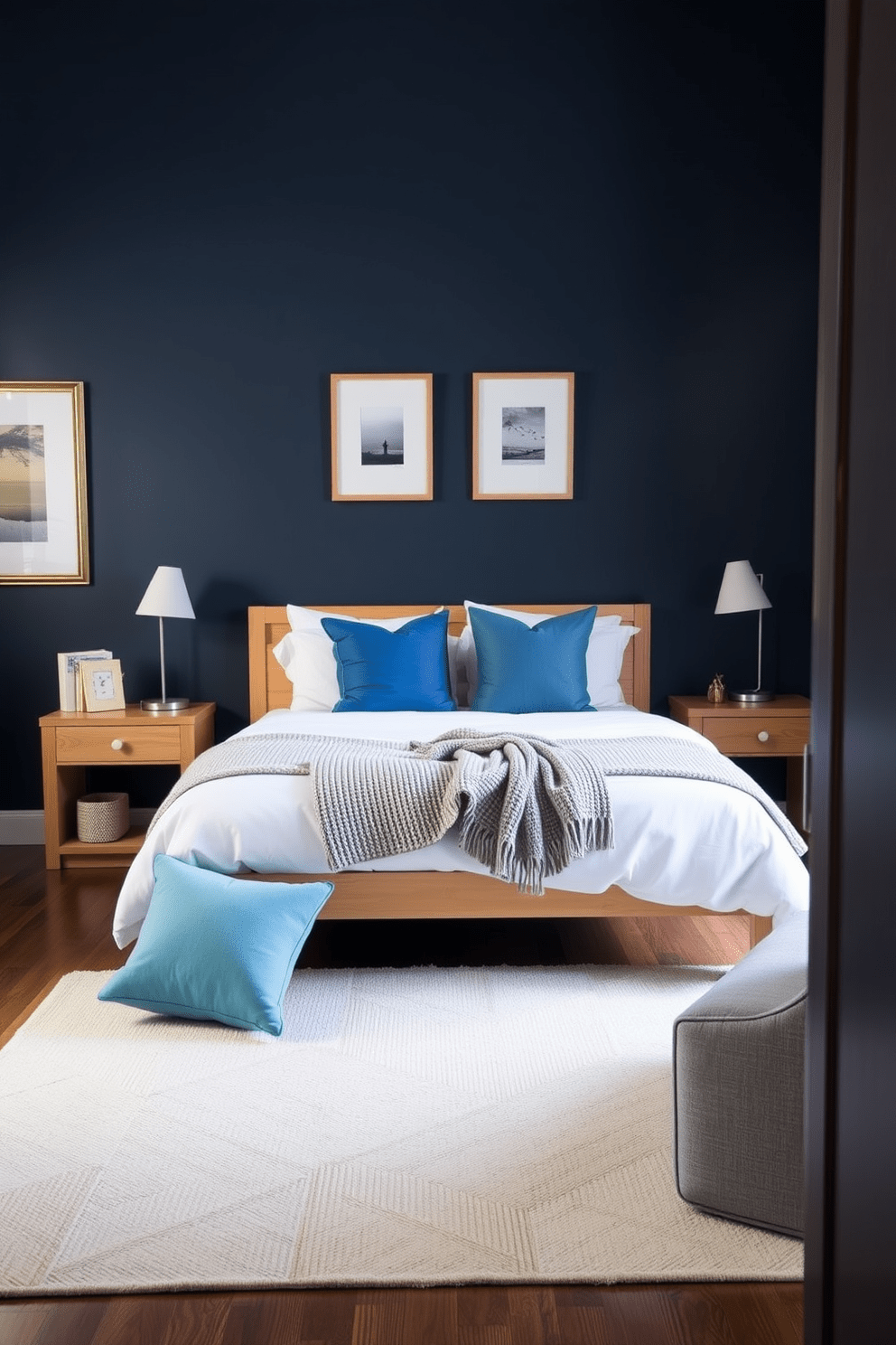 A serene bedroom setting with dark blue walls that create a cozy atmosphere. Light wood furniture, including a bed frame and nightstands, adds warmth and contrast to the space. The bedding features soft white linens and a textured throw blanket for added comfort. A stylish area rug in neutral tones anchors the room, while decorative pillows in varying shades of blue enhance the overall color scheme.