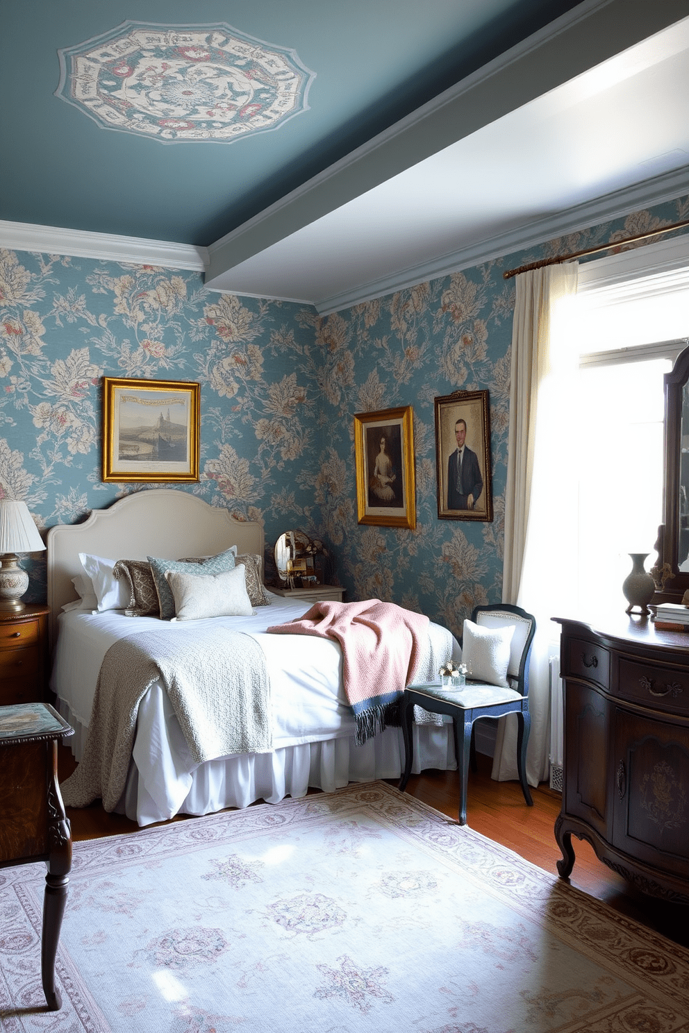 A cozy blue bedroom adorned with vintage wallpaper featuring intricate floral patterns. The room is filled with natural light, highlighting a plush white bed with decorative pillows and a soft throw blanket. Antique furniture pieces, including a wooden nightstand and a vintage dresser, add charm to the space. A large area rug with subtle patterns anchors the room, while framed artwork complements the wallpaper design.