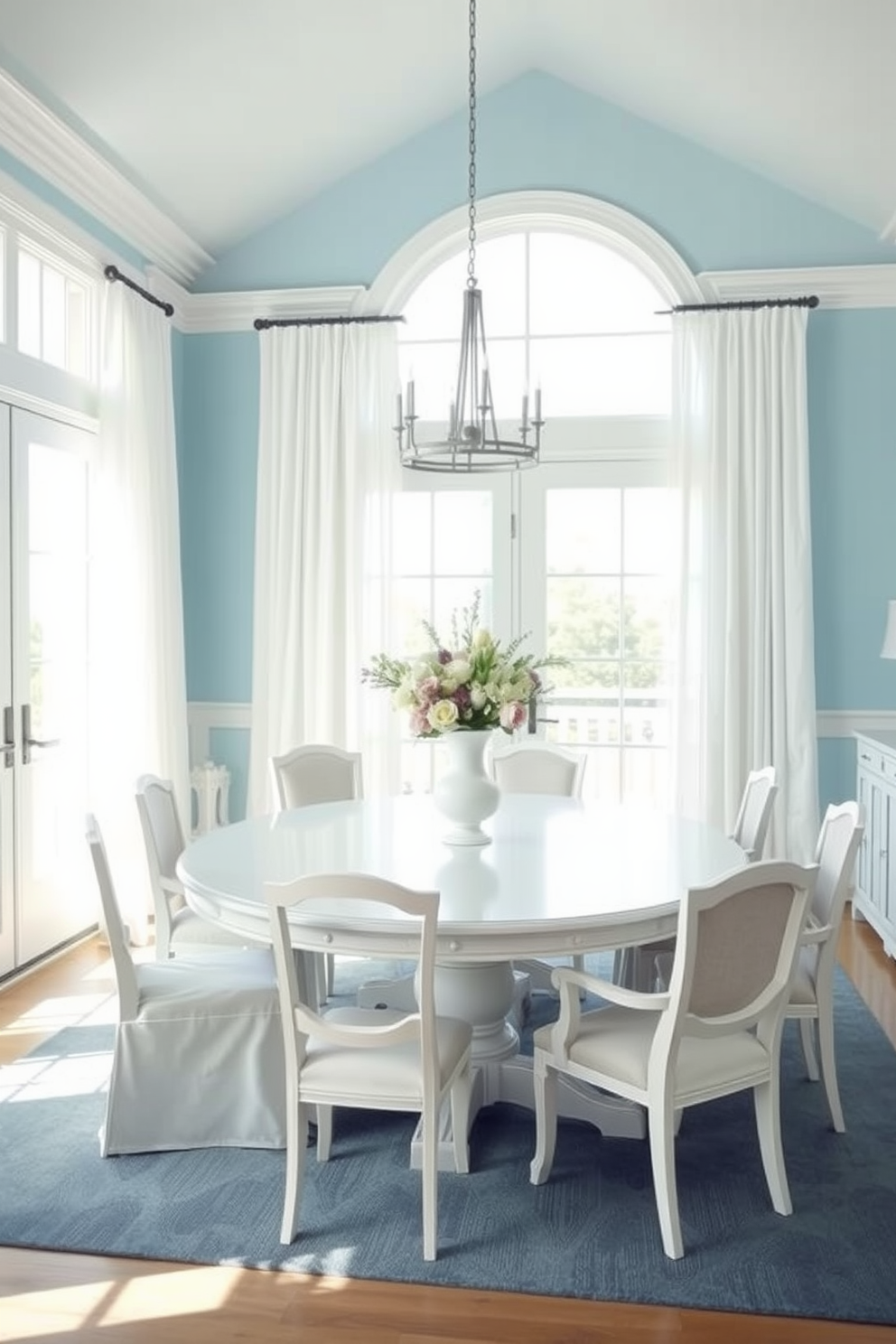 A serene coastal blue dining room featuring white accents. The walls are painted in a soft coastal blue, and a large white dining table is centered in the room surrounded by elegant white chairs. Natural light floods in through large windows adorned with sheer white curtains. A centerpiece of fresh flowers in a white vase sits atop the table, complementing the coastal theme.