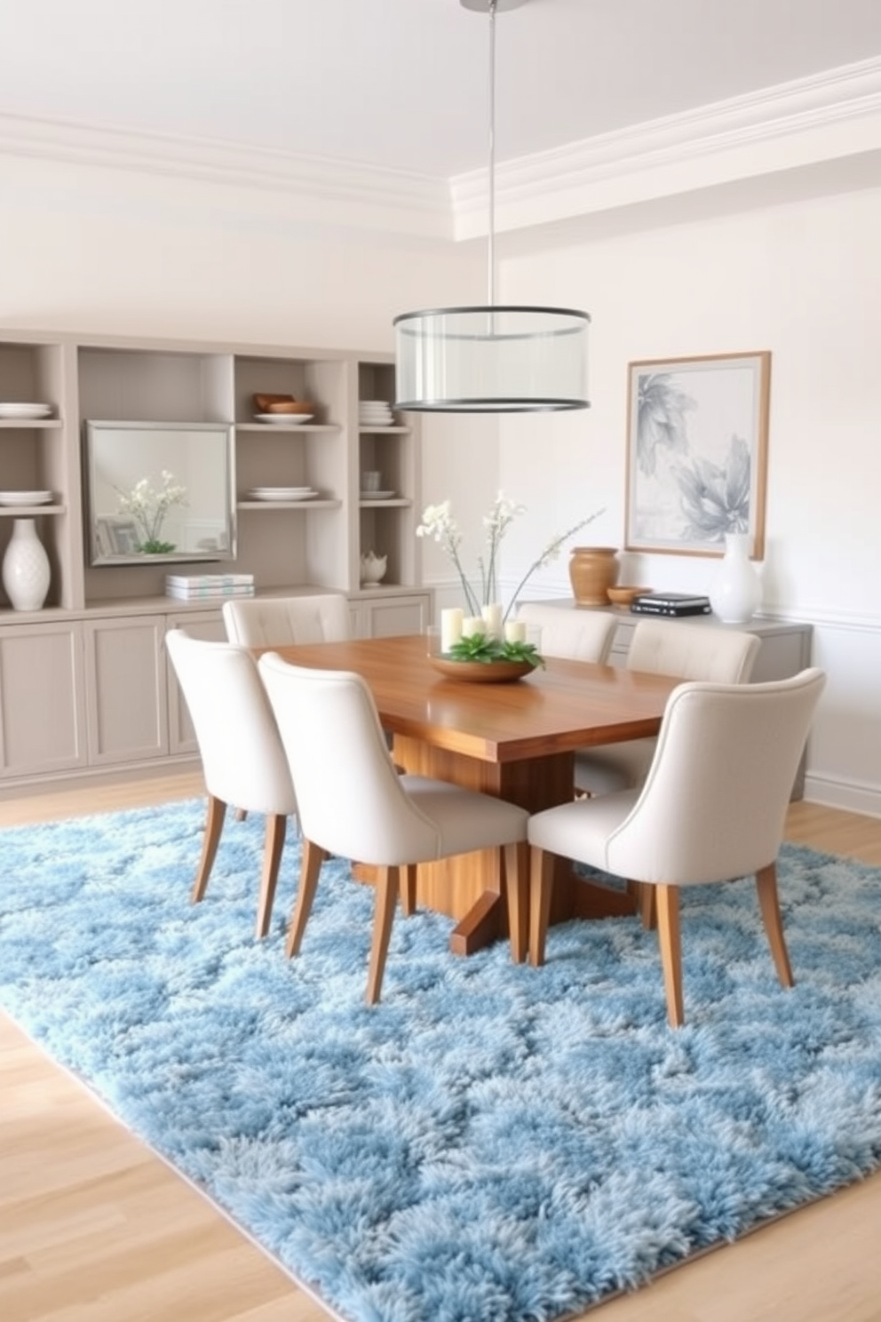 A serene dining room setting features a plush ocean blue rug that anchors the space and complements the neutral-toned furniture. The room is illuminated by a modern chandelier hanging above a sleek wooden dining table surrounded by light beige upholstered chairs.