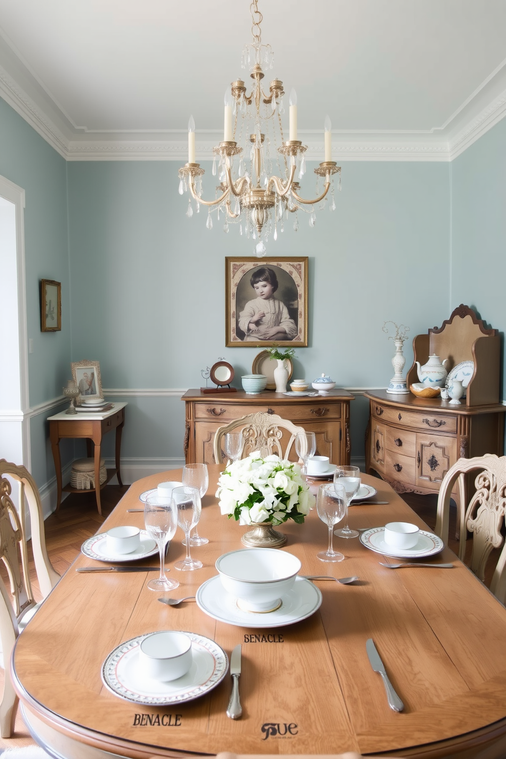 A serene dining room featuring pastel blue walls that create a calming atmosphere. A vintage wooden dining table is set with elegant tableware, including delicate china and polished silverware, enhancing the room's charm. An antique sideboard against one wall displays additional vintage tableware and decorative items. Soft lighting from a crystal chandelier adds warmth and sophistication to the overall design.