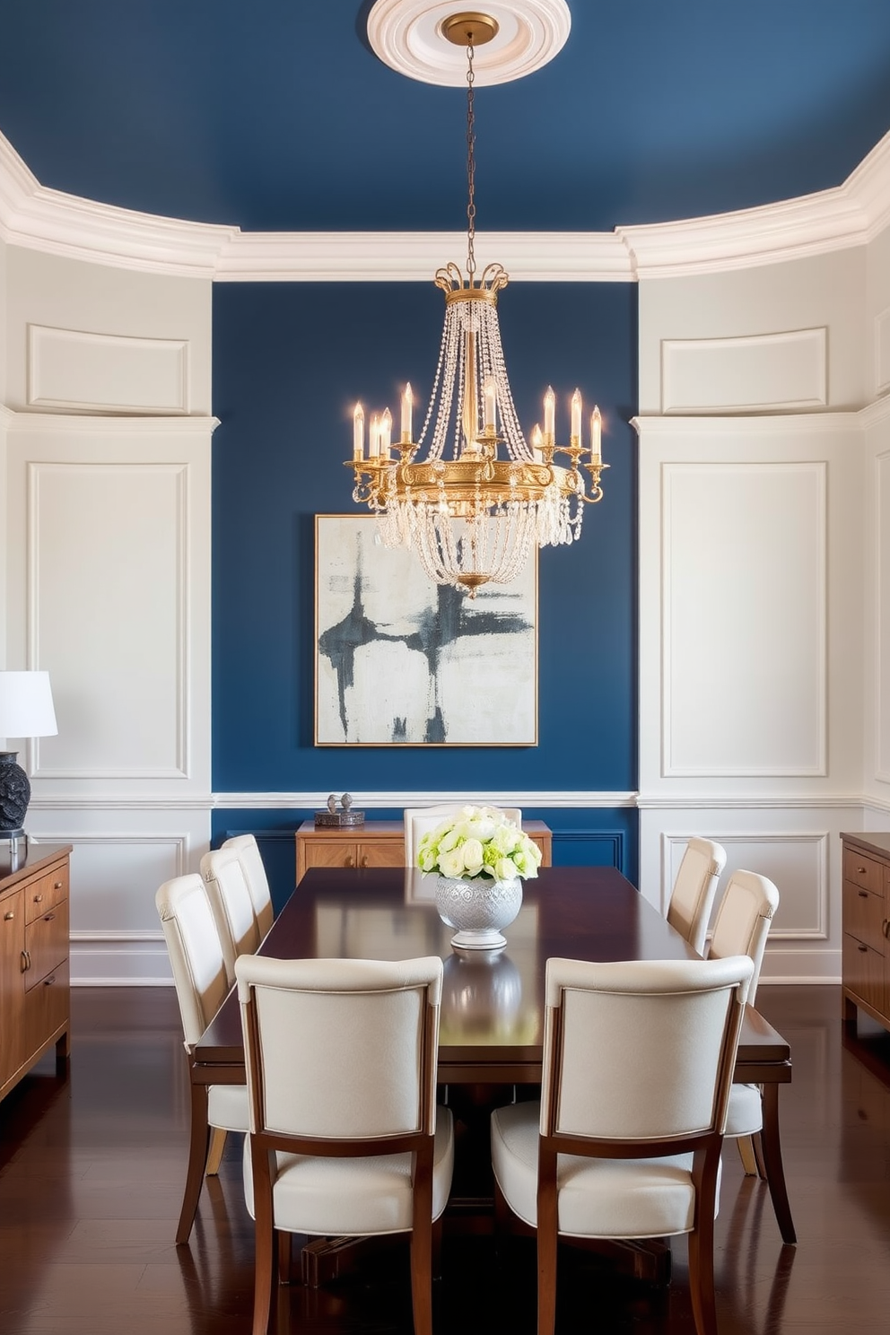 A stunning dining room that features a deep blue accent wall complemented by cream-colored wainscoting. The room is adorned with a large wooden dining table surrounded by elegant cream upholstered chairs. A statement chandelier hangs above the table, casting a warm glow over the space. Decorative elements include a large piece of abstract art on the blue wall and a stylish sideboard in a light wood finish.