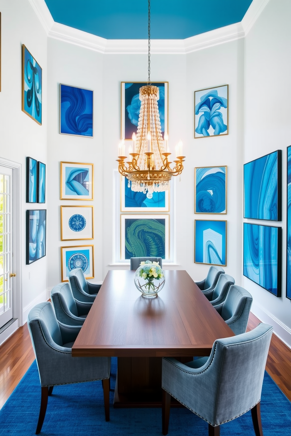 Bright blue art pieces adorn the walls, creating a vibrant contrast against the soft white backdrop. The dining room features a sleek wooden table surrounded by upholstered chairs in complementary shades of blue and gray. A stunning chandelier hangs above the table, casting a warm glow over the space. Large windows allow natural light to flood in, highlighting the carefully curated art collection.