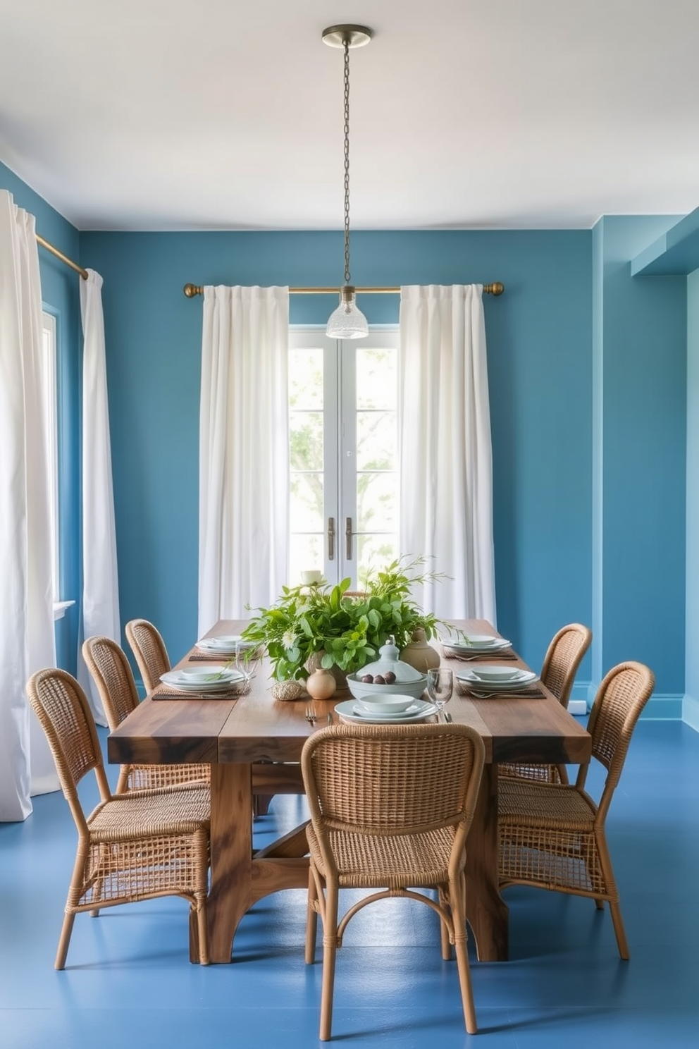 A serene dining room featuring cerulean blue walls that evoke a calm atmosphere. The room is adorned with natural textures, including a reclaimed wood dining table and woven rattan chairs. Soft white curtains frame the windows, allowing natural light to filter in and enhance the blue tones. A centerpiece of fresh greenery and artisanal ceramics adds an organic touch to the elegant setting.