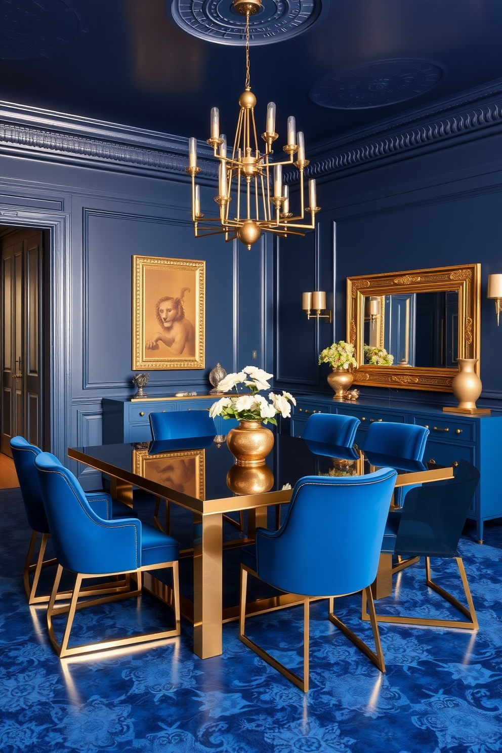 A glamorous dining room featuring rich blue walls and elegant brass accents throughout the space. A large rectangular dining table is set in the center, surrounded by plush blue velvet chairs with brass legs. The chandelier above the table is a stunning brass piece that adds warmth to the room. A stylish sideboard in a matching blue hue is placed against one wall, adorned with decorative brass objects and a large mirror.