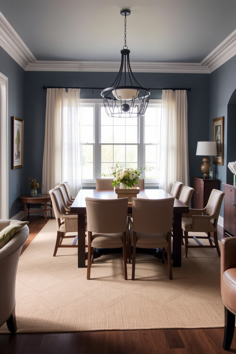 A serene dining room setting featuring muted blue walls complemented by earthy tones in the furnishings. A large wooden dining table sits at the center, surrounded by upholstered chairs in soft beige fabric, creating a warm and inviting atmosphere. Natural light streams in through large windows adorned with sheer white curtains, enhancing the tranquil color palette. A statement chandelier made of wrought iron hangs above the table, adding a touch of elegance to the space.