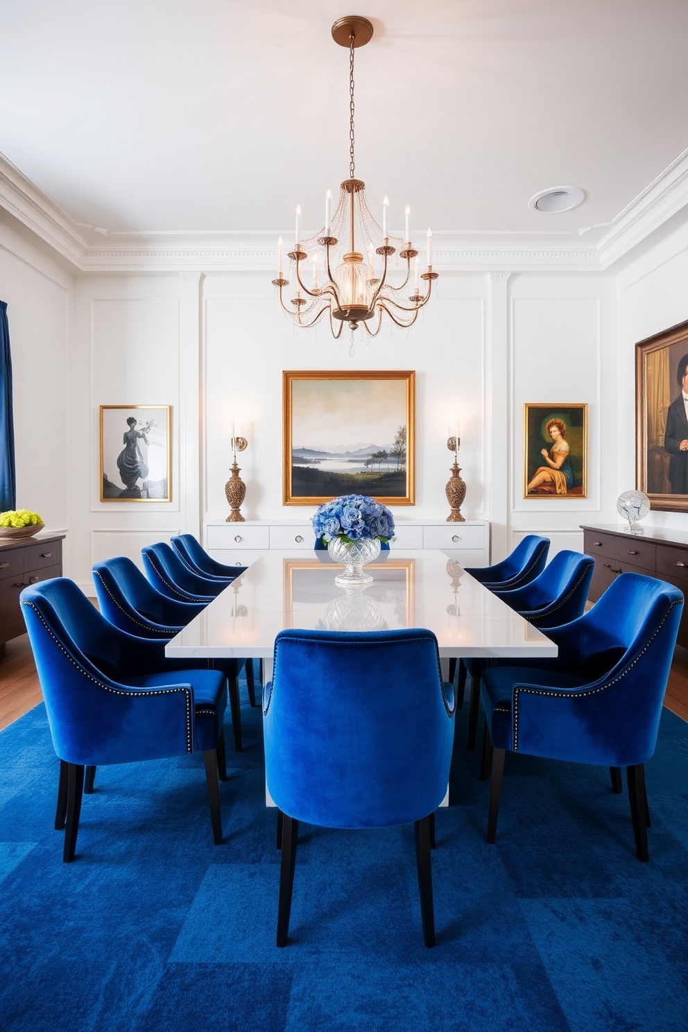 A striking dining room featuring royal blue dining chairs surrounding a sleek white table. The walls are adorned with elegant artwork, and a contemporary chandelier hangs above to create a warm ambiance.