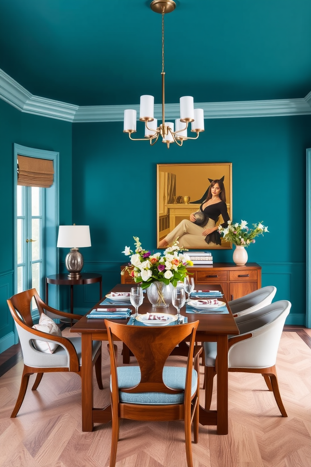 A stylish dining room featuring teal walls that create a vibrant yet calming atmosphere. The space is complemented by rich wooden accents, including a large dining table and elegant wooden chairs that enhance the overall warmth of the room. The table is set with chic tableware, and a centerpiece of fresh flowers adds a touch of elegance. Soft lighting from a modern chandelier casts a warm glow, highlighting the beauty of the wooden elements and the striking teal backdrop.