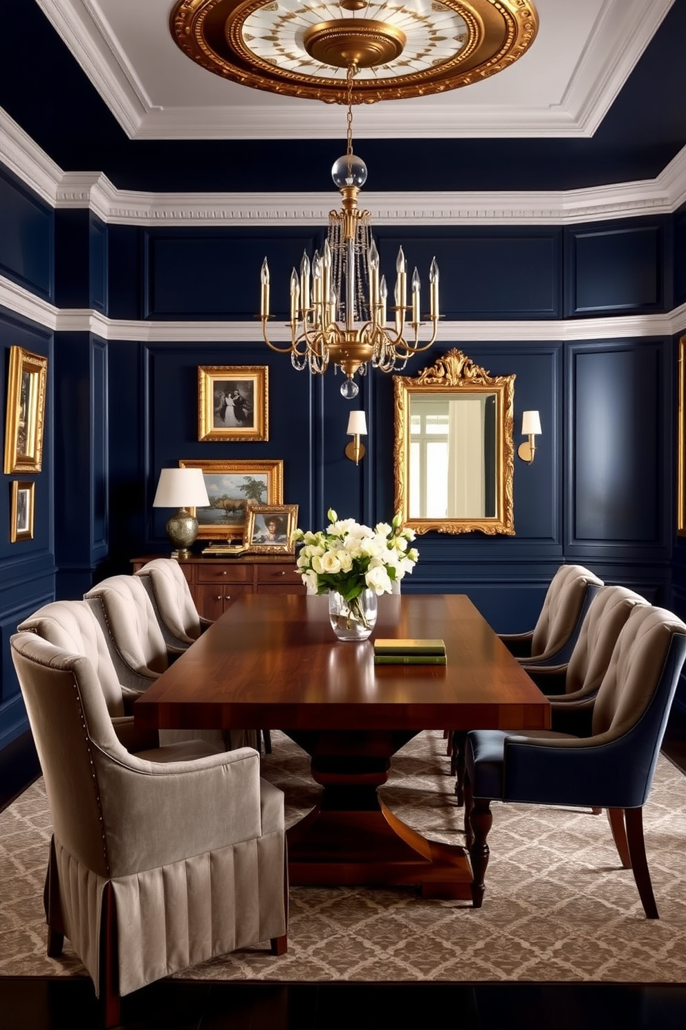 A stunning dining room featuring navy blue walls that create a rich and elegant atmosphere. The space is adorned with gold decor accents, including a statement chandelier and picture frames that add a touch of luxury. In the center, a large wooden dining table is surrounded by plush upholstered chairs in a complementary shade. A gold-trimmed mirror hangs on one wall, reflecting the warm glow of the ambient lighting.