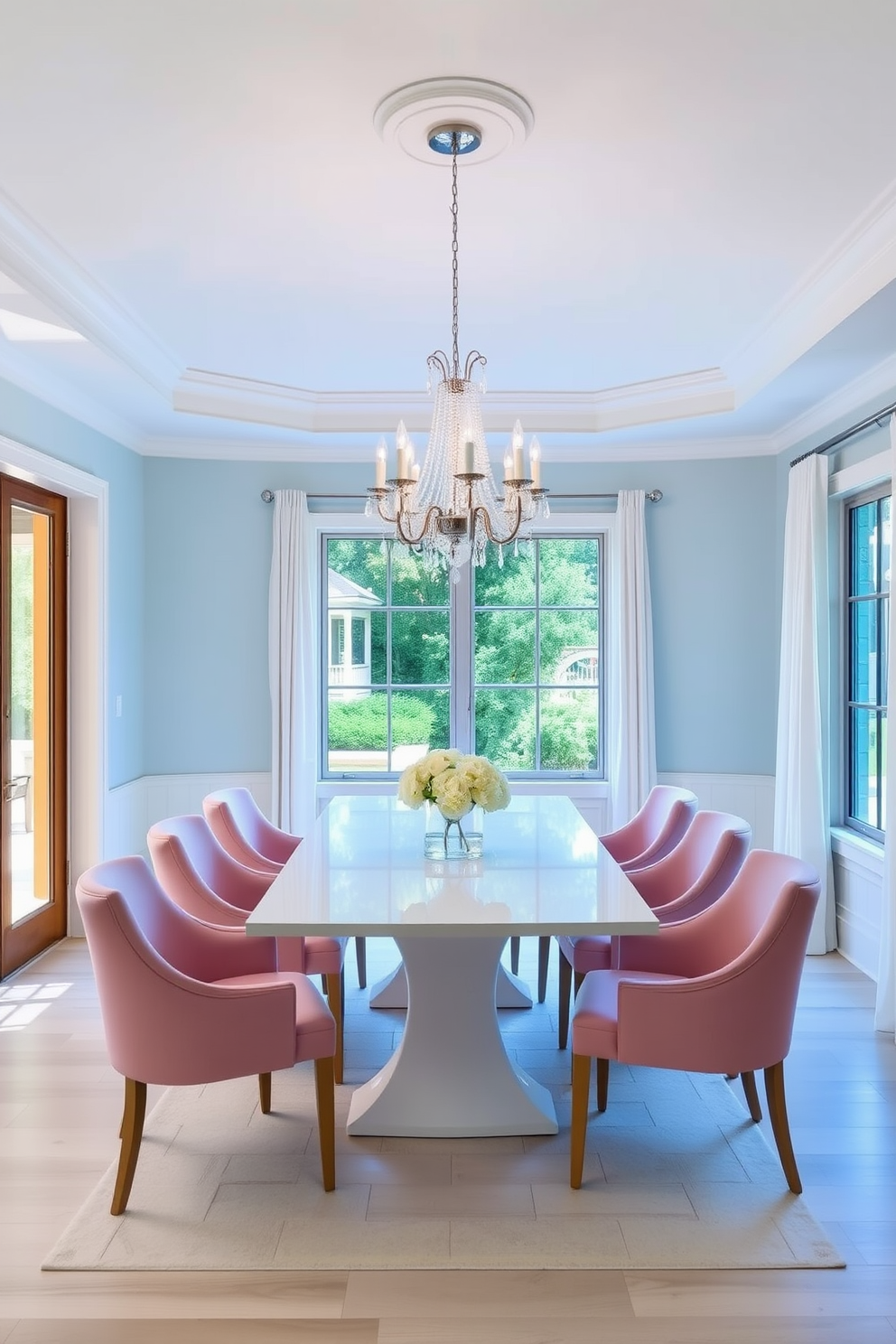 A serene dining room featuring a light blue accent wall paired with blush pink upholstered chairs around a sleek white table. A stunning chandelier hangs above the table, and large windows allow natural light to fill the space, complemented by soft, airy curtains.