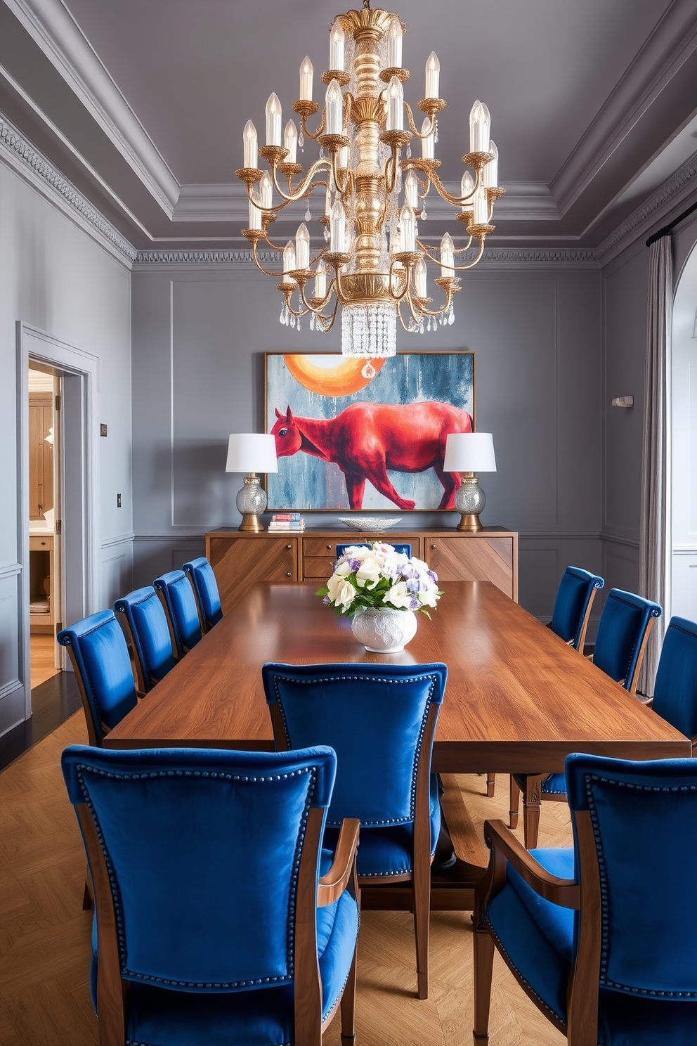 A stylish dining room featuring a long wooden table surrounded by elegant chairs upholstered in blue velvet. The room is illuminated by a stunning chandelier that adds a touch of sophistication to the space. The walls are painted in a soft gray tone, complementing the rich blue of the cushions. A large piece of artwork hangs above the sideboard, adding color and personality to the room.