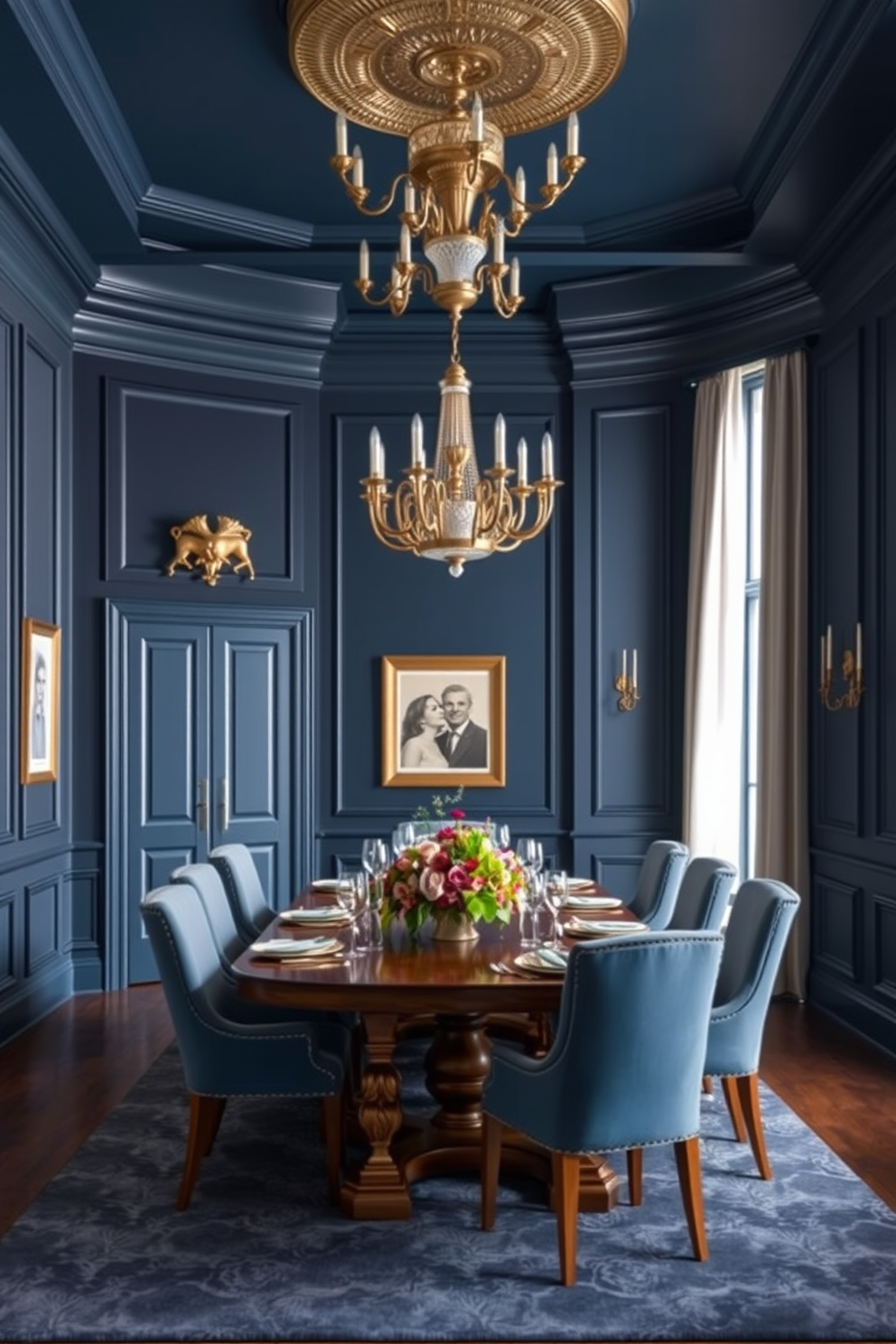 A luxurious dining room featuring dark blue walls that create a rich and inviting atmosphere. The room is accented with metallic gold touches in the form of a stunning chandelier and elegant table settings. In the center, a large wooden dining table is surrounded by plush upholstered chairs in a complementary shade. A decorative centerpiece of fresh flowers adds a vibrant contrast to the deep blue hues.