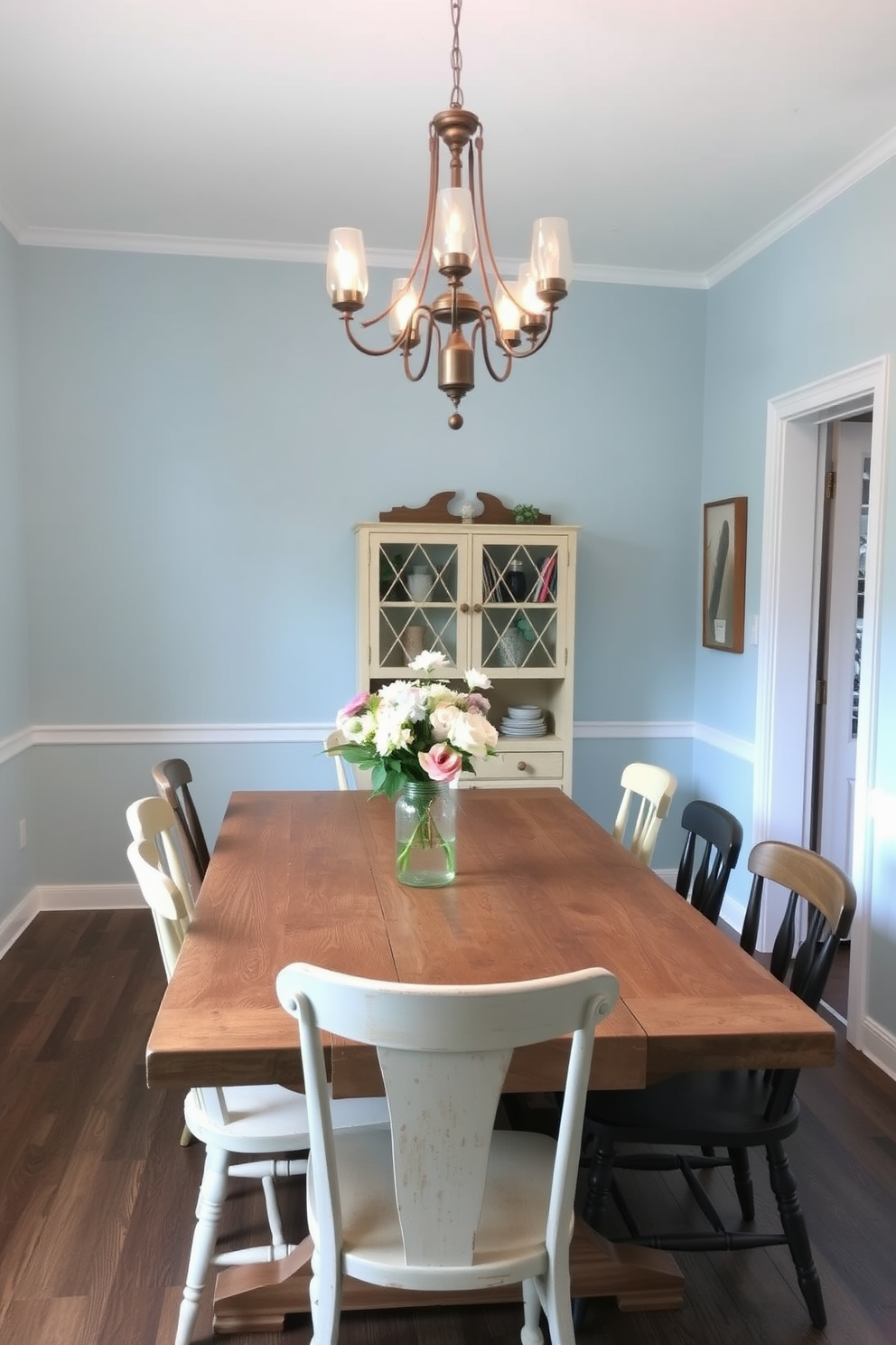 A charming dining room with baby blue walls that evoke a serene atmosphere. The rustic farmhouse table is made of reclaimed wood, surrounded by mismatched chairs that add character and warmth. A vintage chandelier hangs from the ceiling, casting a soft glow over the space. Decorated with fresh flowers in a mason jar, the table is set for an inviting family meal.