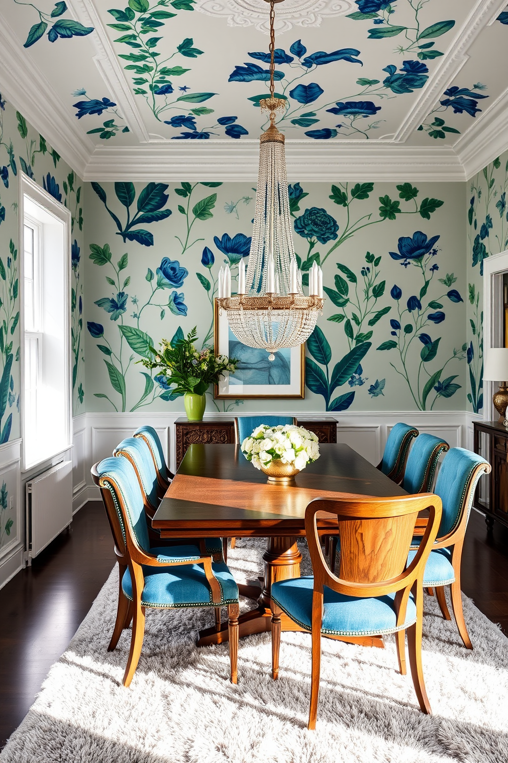 A stunning dining room featuring blue and green botanical prints adorning the walls. The room is filled with natural light, highlighting a large wooden dining table surrounded by elegant upholstered chairs in shades of blue and green. A statement chandelier hangs above the table, adding a touch of sophistication to the space. The floor is adorned with a plush area rug that complements the color palette, creating a warm and inviting atmosphere.