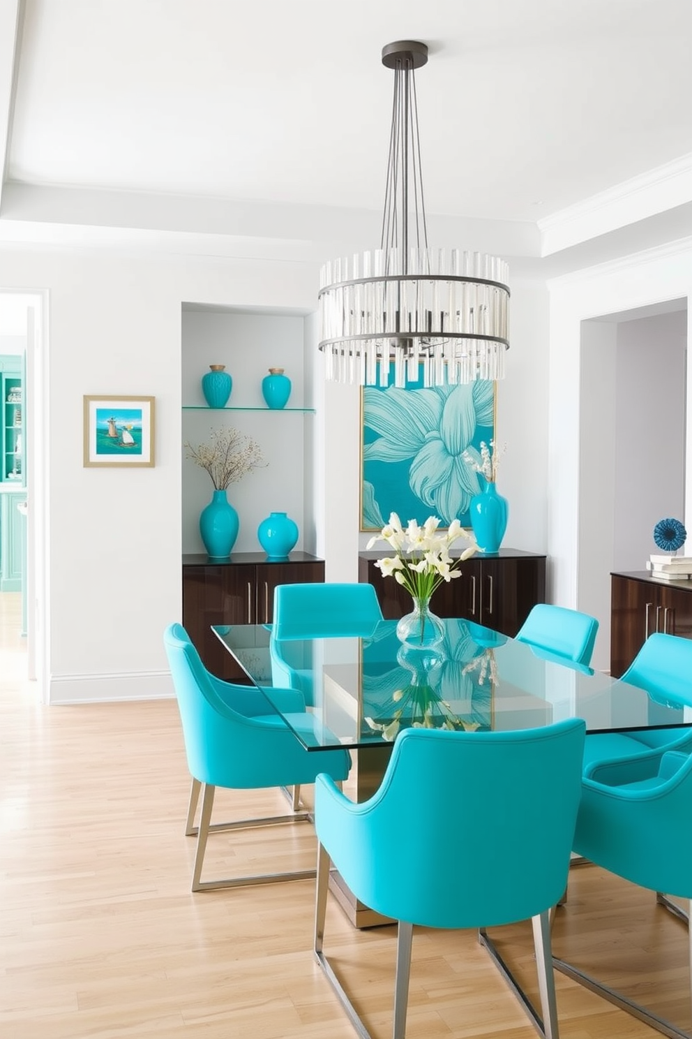 A modern dining room featuring turquoise accents throughout the space. The walls are painted a crisp white, allowing the vibrant turquoise chairs to stand out around a sleek glass dining table. A statement chandelier with a contemporary design hangs above the table, adding elegance to the room. Decorative elements like turquoise vases and artwork complement the overall aesthetic, creating a cohesive and inviting atmosphere.