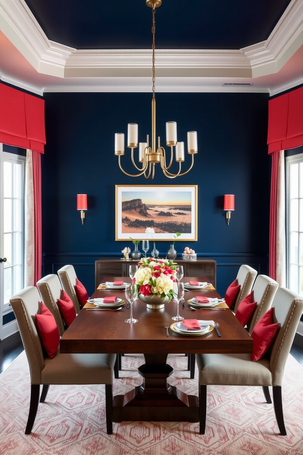 A stunning dining room featuring navy blue walls that create a bold backdrop. Coral accents are introduced through upholstered chairs and decorative pillows, adding a vibrant touch to the space. A large wooden dining table sits at the center, complemented by elegant tableware and a striking centerpiece of fresh flowers. Soft lighting from a modern chandelier enhances the inviting atmosphere, making it perfect for gatherings.