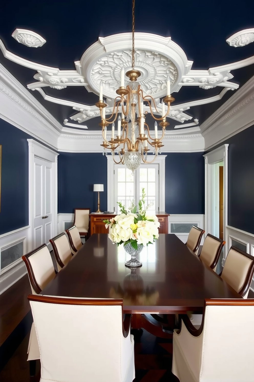 A classic blue dining room featuring elegant chandeliers hanging from a beautifully detailed ceiling. The walls are painted in a rich navy blue, complemented by white wainscoting and dark wood flooring. A large wooden dining table is set in the center, surrounded by upholstered chairs in a light cream fabric. On the table, a stunning floral arrangement in a crystal vase adds a touch of sophistication.