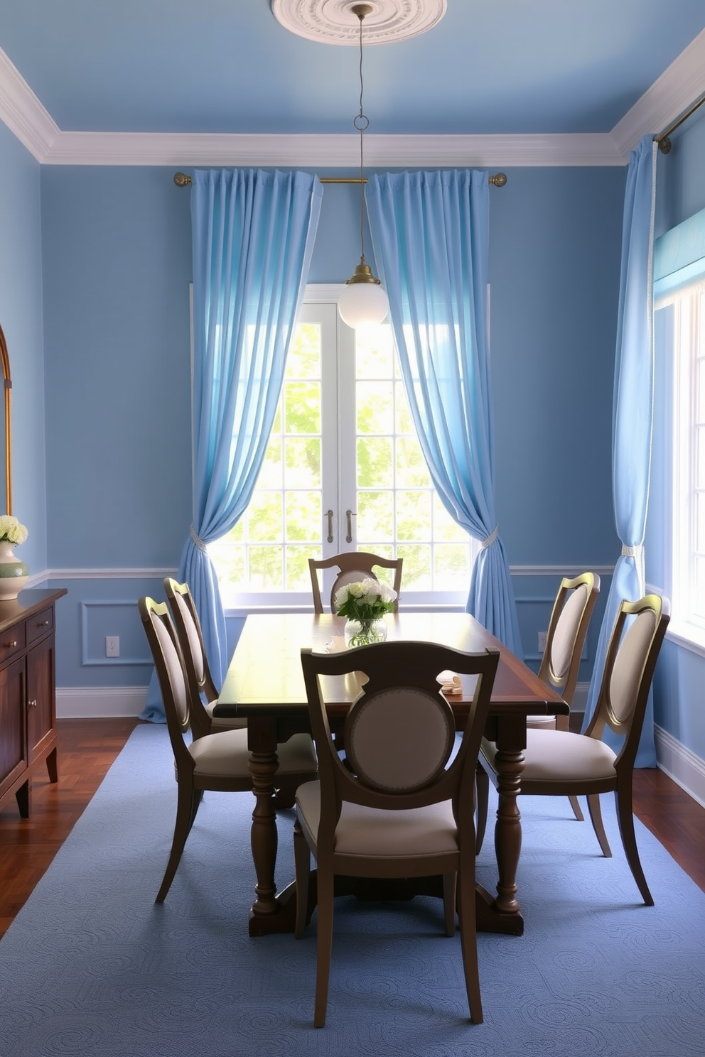 A serene blue dining room featuring light blue curtains that gently frame the windows. A rustic wooden table sits at the center, surrounded by elegant chairs that complement the room's calming palette.