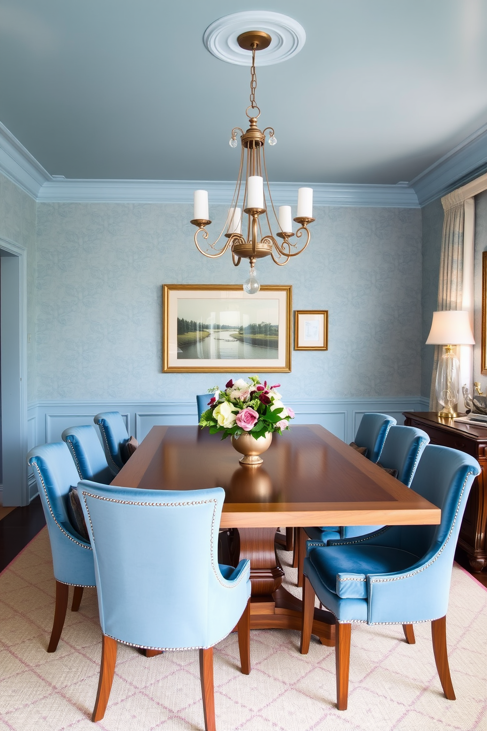 A serene dining room featuring soft blue walls adorned with elegant patterned wallpaper. A large wooden dining table sits at the center, surrounded by plush upholstered chairs in a complementary shade of blue. A stylish chandelier hangs overhead, casting a warm glow over the space. Decorative elements include a tasteful centerpiece of fresh flowers and framed artwork that enhances the room's inviting atmosphere.