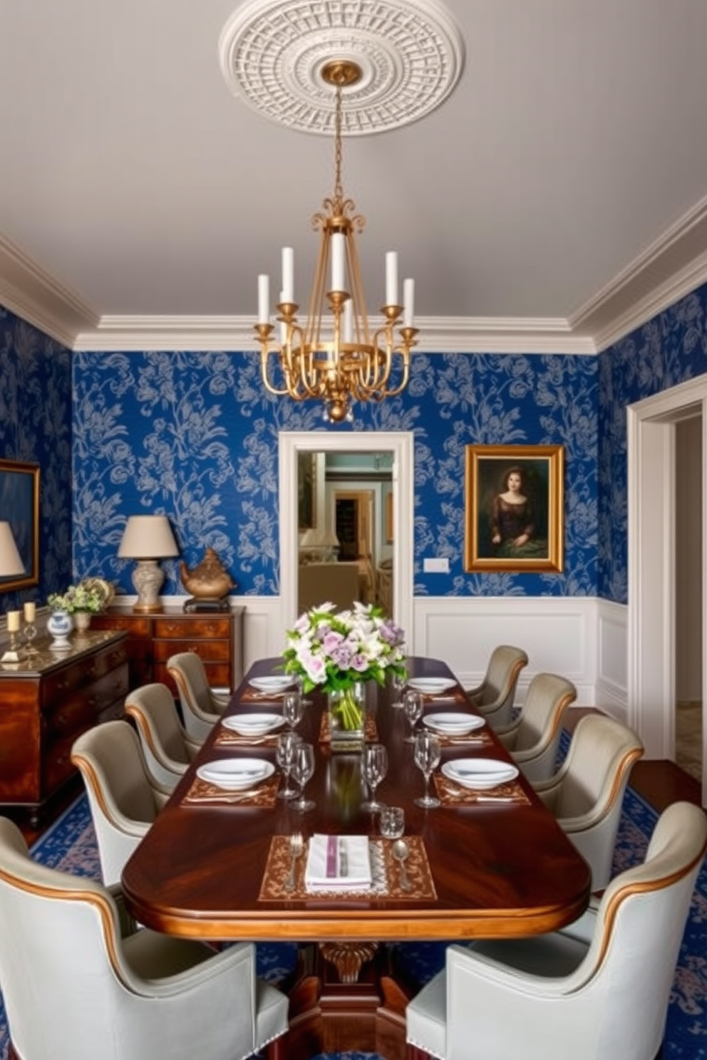 A stunning dining room featuring cobalt blue wallpaper adorned with intricate floral prints. The space is elegantly furnished with a long wooden dining table surrounded by plush upholstered chairs in a complementary color. A stylish chandelier hangs from the ceiling, casting a warm glow over the room. Decorative accents such as a vase of fresh flowers and elegant tableware enhance the sophisticated ambiance.