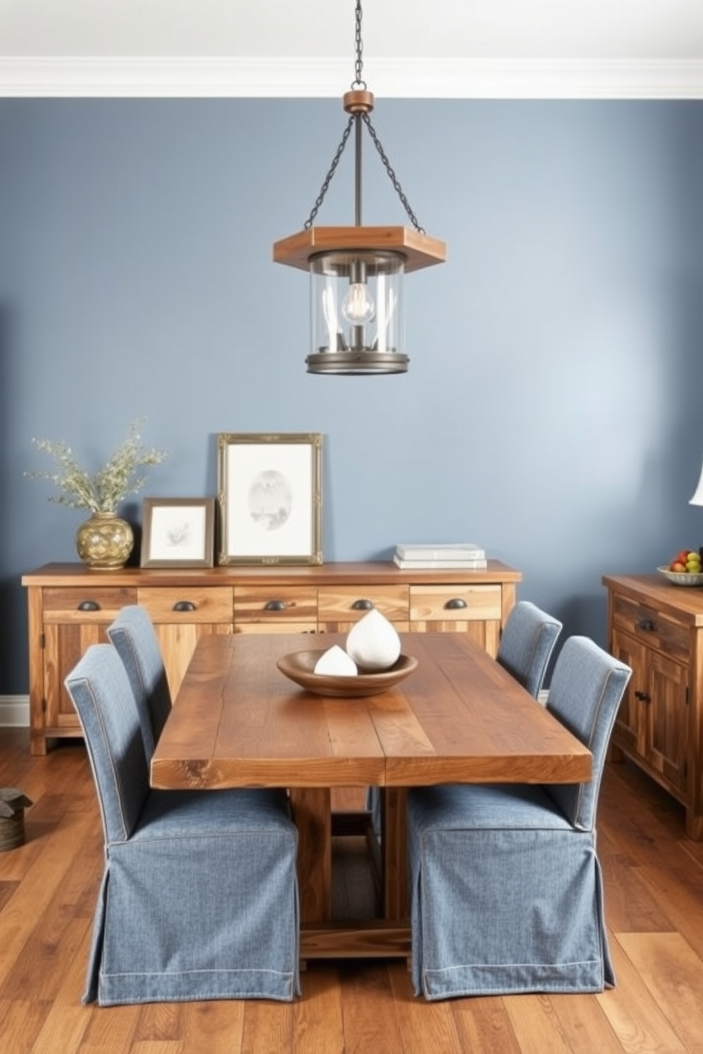 A denim blue dining room featuring rustic wood elements creates a warm and inviting atmosphere. The table is made of reclaimed wood, surrounded by upholstered chairs in a complementary denim fabric. The walls are painted in a soft denim blue, enhancing the cozy feel of the space. A large wooden sideboard displays decorative items and provides ample storage, while pendant lights with a rustic finish hang above the table.