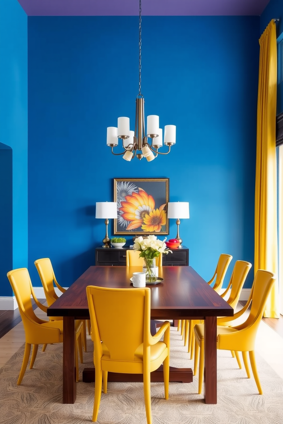 A striking dining room featuring bold blue walls that create a vibrant backdrop. The room is accented with yellow dining chairs that add a lively contrast to the blue. A large wooden dining table sits at the center, surrounded by the yellow chairs. A contemporary chandelier hangs above, illuminating the space with a warm glow.