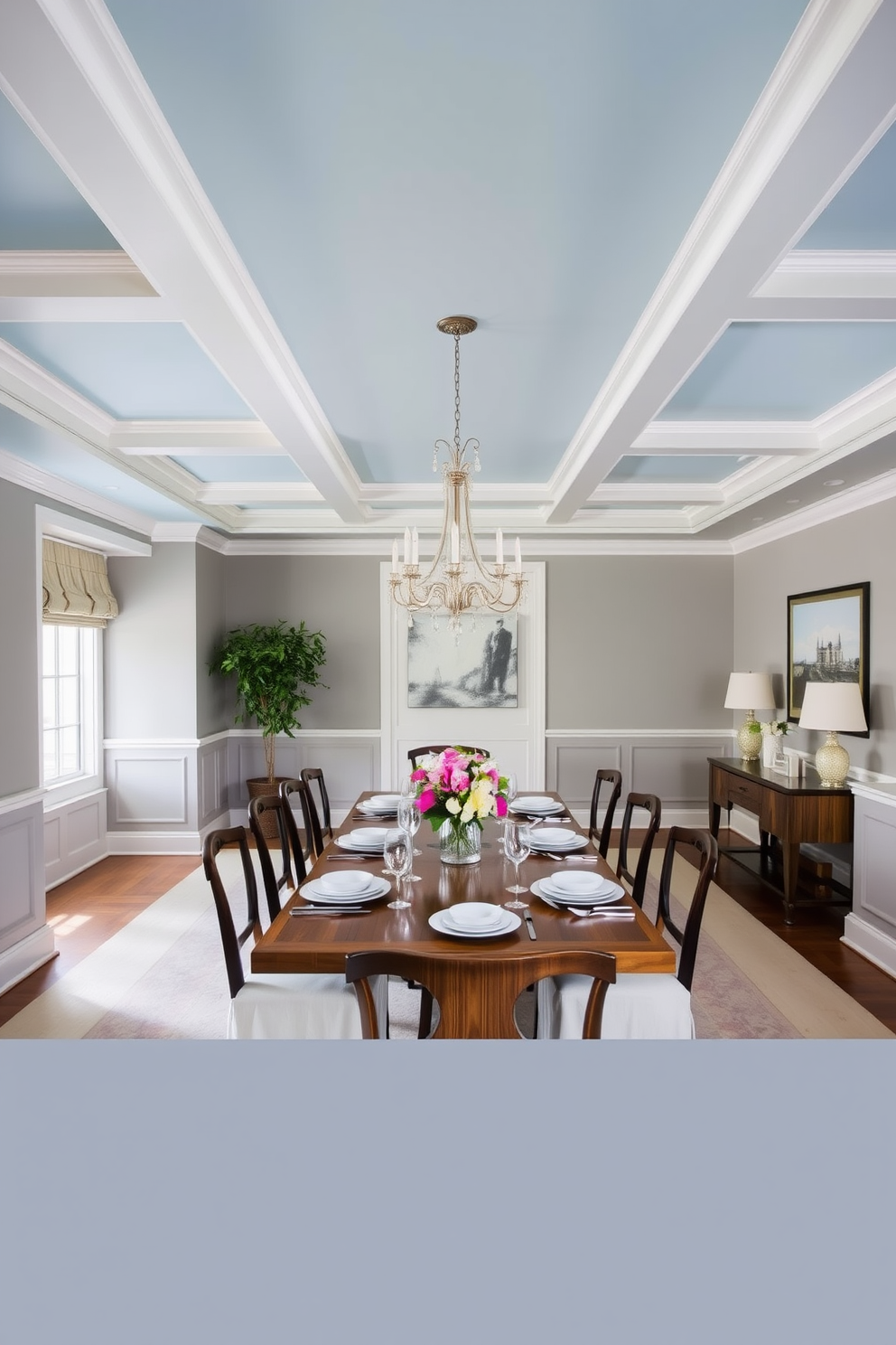 A serene dining room featuring a sky blue ceiling adorned with crisp white trim. The walls are painted in a soft gray, complementing a long wooden dining table set with elegant white dinnerware and a centerpiece of fresh flowers.