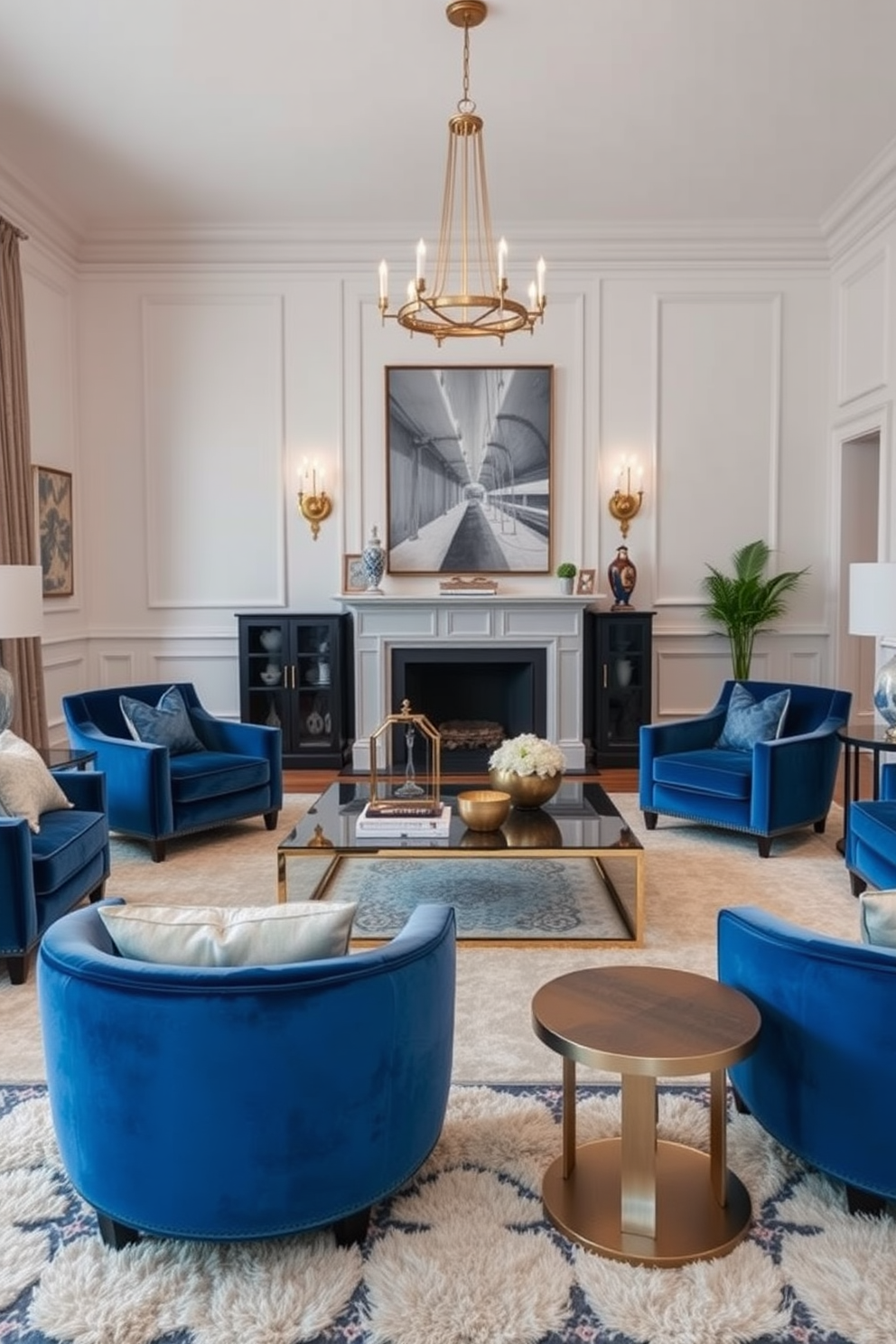 A luxurious family room featuring blue velvet chairs that add a touch of elegance. The room is adorned with a plush area rug and soft lighting, creating a cozy atmosphere. The walls are painted in a light neutral tone, complementing the rich blue of the chairs. A large coffee table sits in the center, surrounded by decorative pillows and stylish accessories.