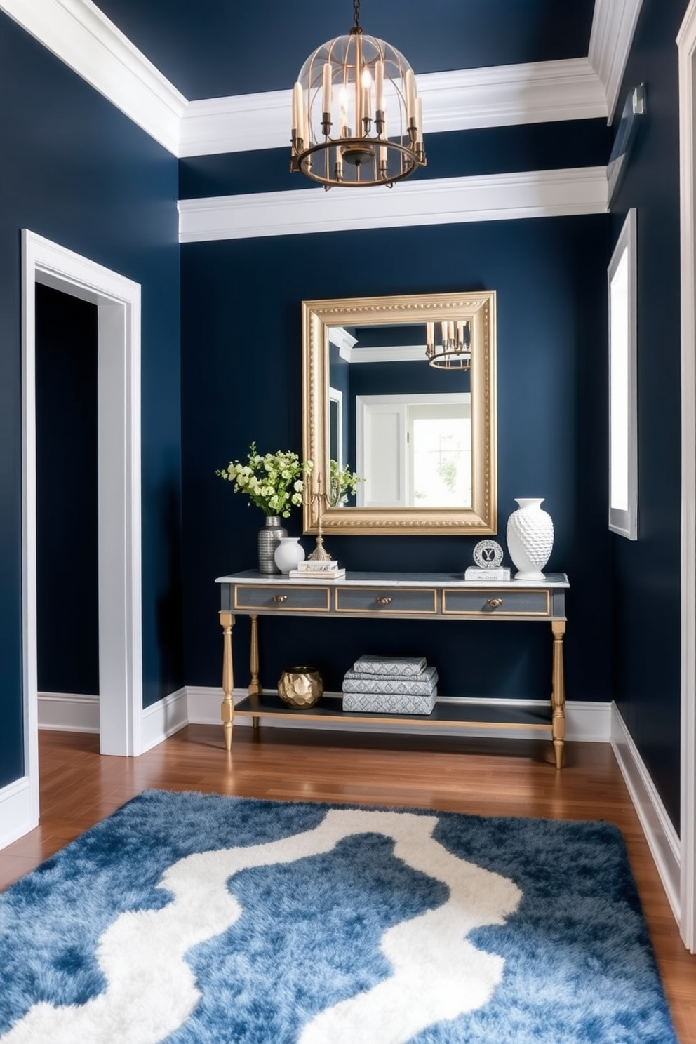 A stunning foyer featuring navy walls that create a bold and inviting atmosphere. The white trim accents add a touch of elegance and contrast, enhancing the overall design. Incorporate a stylish console table against the wall, adorned with decorative objects and a large mirror above it. A plush area rug in shades of blue and white anchors the space, providing warmth and texture.