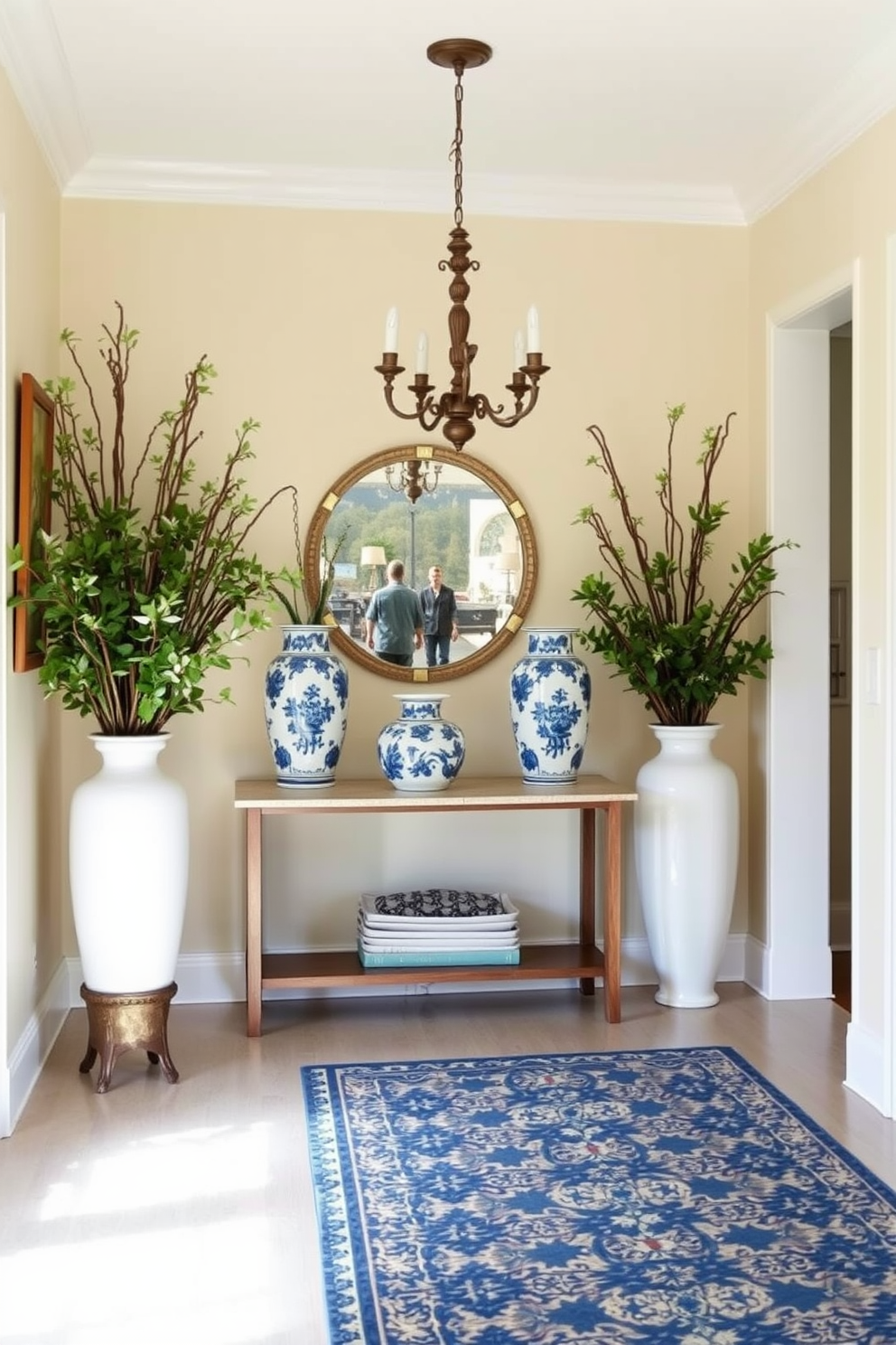 A charming foyer adorned with vintage blue and white ceramic vases. The vases are placed strategically on a console table, adding a touch of elegance to the space. The walls are painted in a soft cream color, creating a warm and inviting atmosphere. A patterned runner rug complements the vases and enhances the overall design of the foyer.